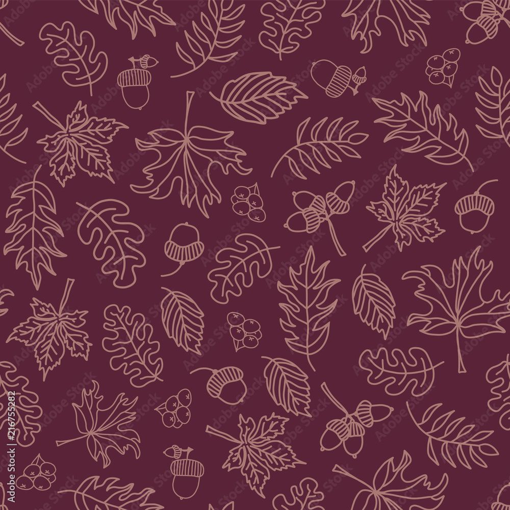 1000x1000 Autumn leaves seamless vector background. Light purple leaves on purple background. Acorn, oak tree, maple tree pattern. Doodle leaf print. Fall background, Thanksgiving, Seasonal print, paper, fabric Stock Vector
