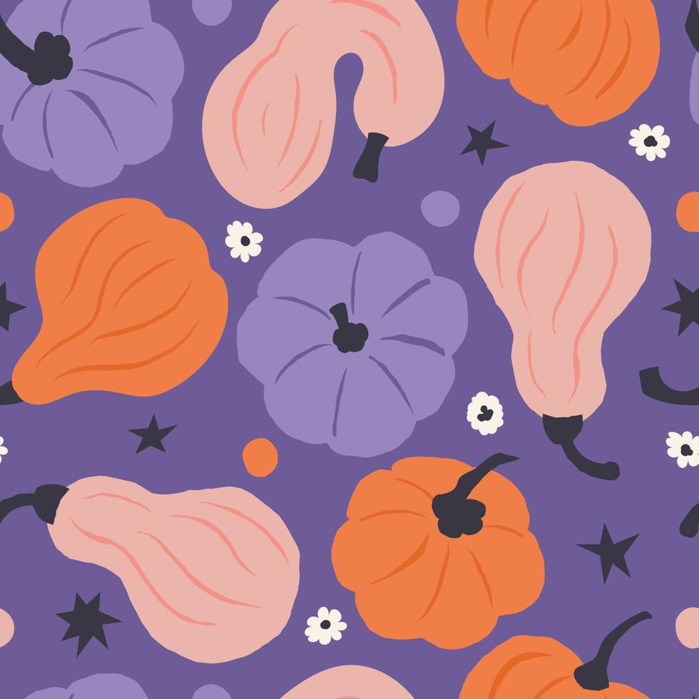 980x980 Seamless pattern of colorful hand drawn pumpkins on purple background. Creative prints surface design. Playful graphic flat illustration for seasonal fall, autumn and Halloween holiday