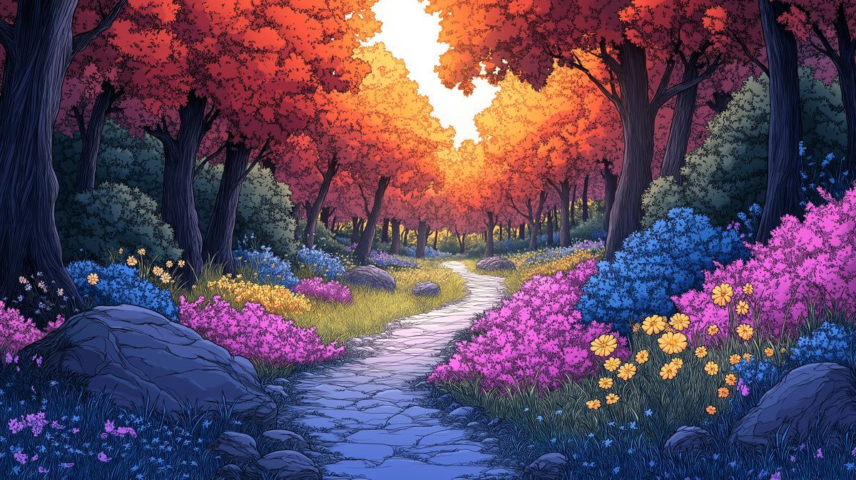 1200x673 Autumn Forest Mural Wallpaper in Bedroom. Various Colors (Red, Orange, Blue, etc.) of Autumn Forest