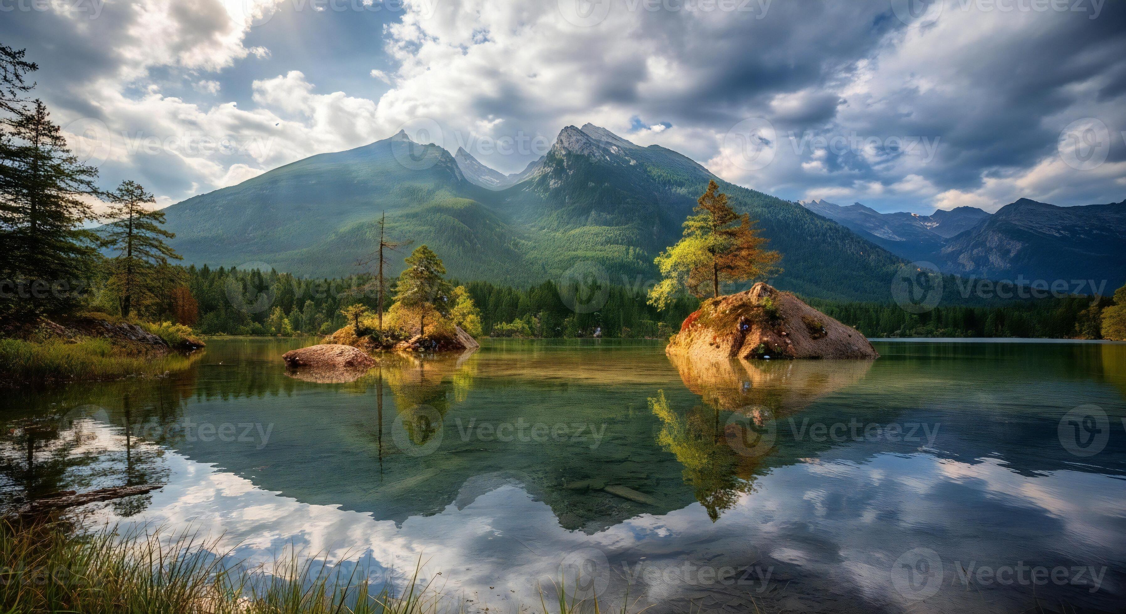 3593x1960 Nature background, Nature wallpaper, Idyllic mountain lake with islands evergreen trees and dramatic cloudy sky reflection