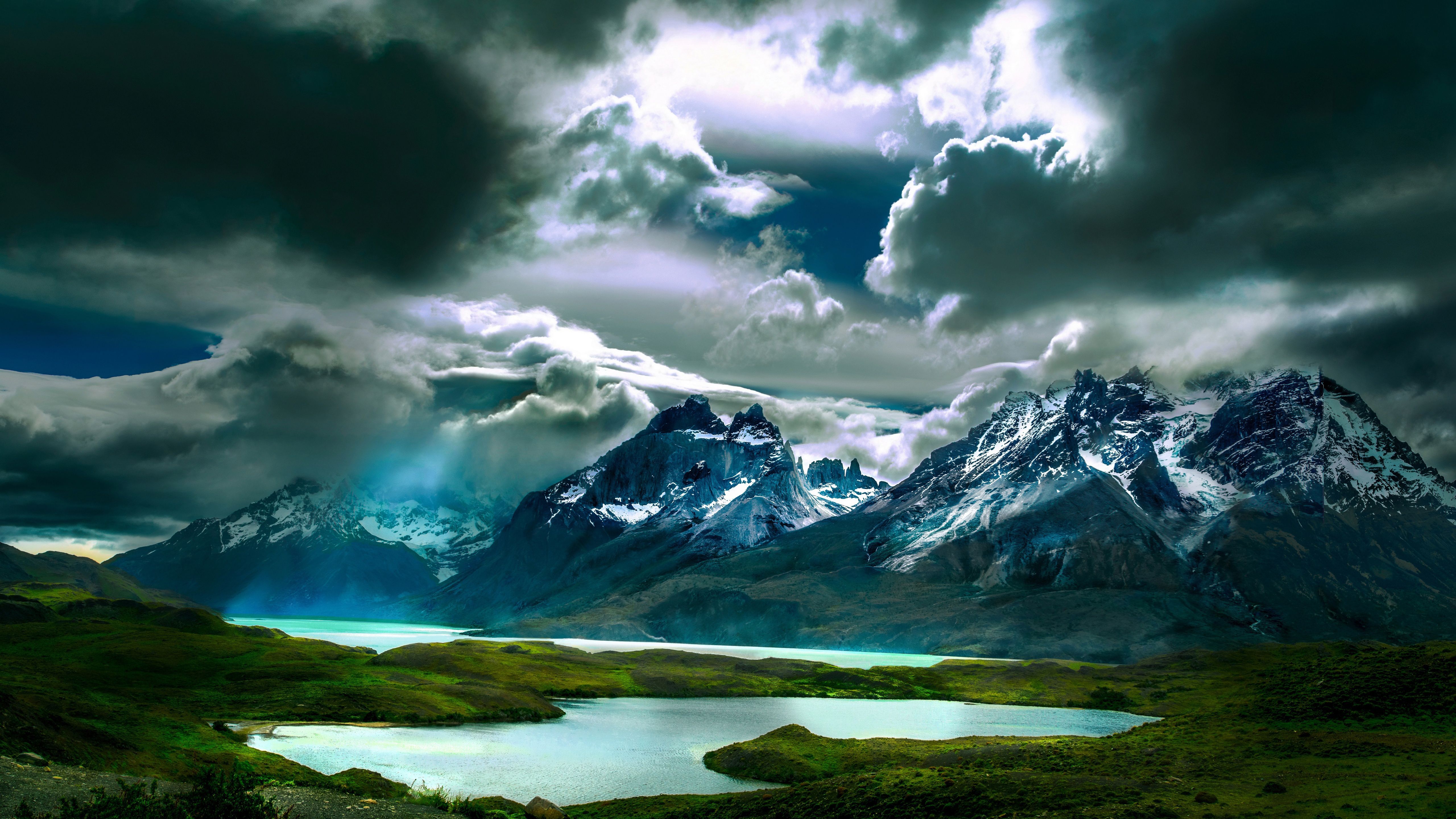 5120x2880 Lake And Mountain With Snow Under Cloudy Sky 4K 5K HD Nature Wallpaper