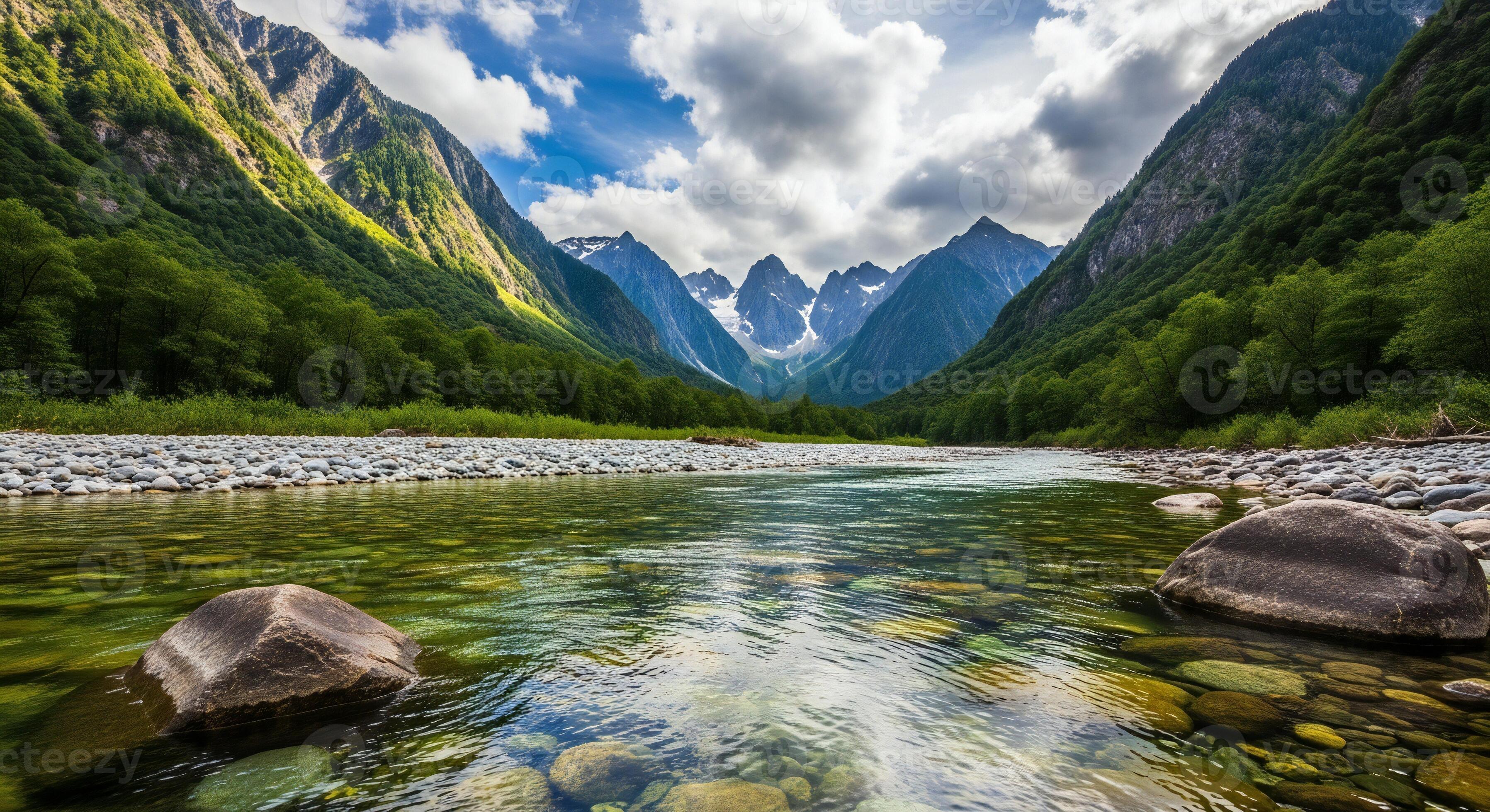 3593x1960 Nature background, Nature wallpaper, Wide alpine valley with a clear river flowing past green forested slopes and snow capped mountains under a cloudy sky