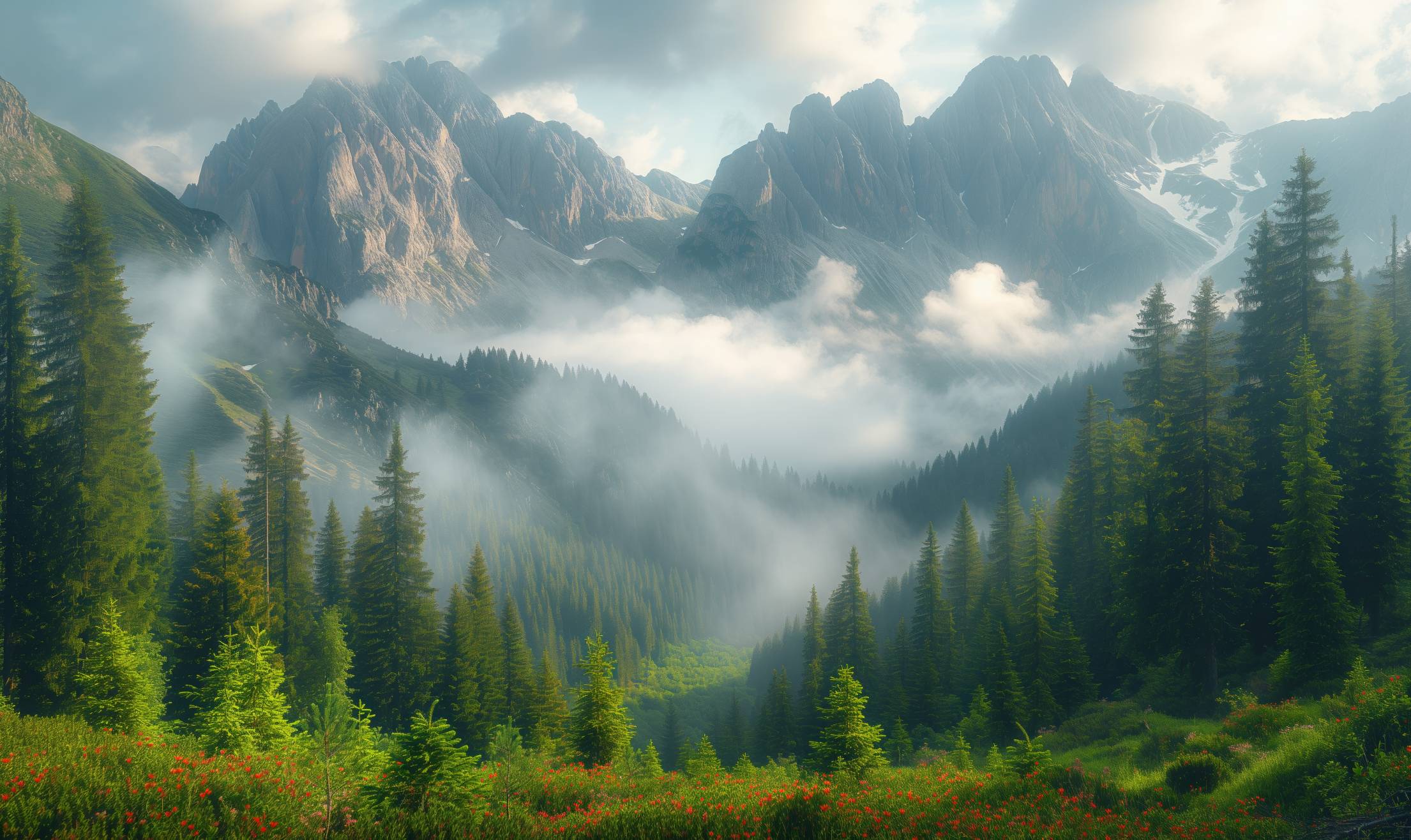 2210x1316 Cloudy and Foggy Weather in the Mountains. Free Nature Image