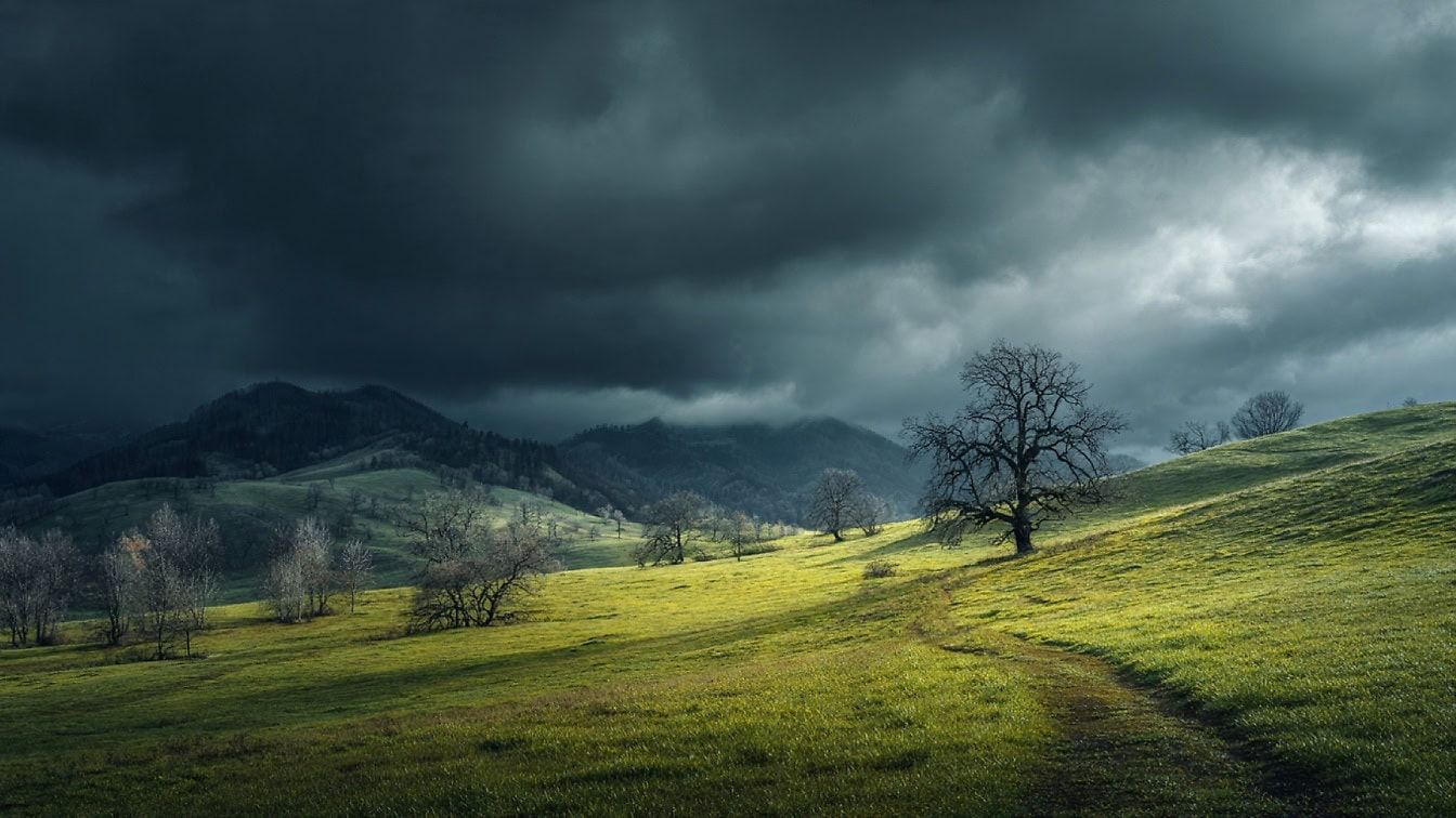 1344x756 Free picture: A dramatic landscape of a storm approaching a hilly landscape, a dark, heavy clouds on the sky indicating rainy, bad weather