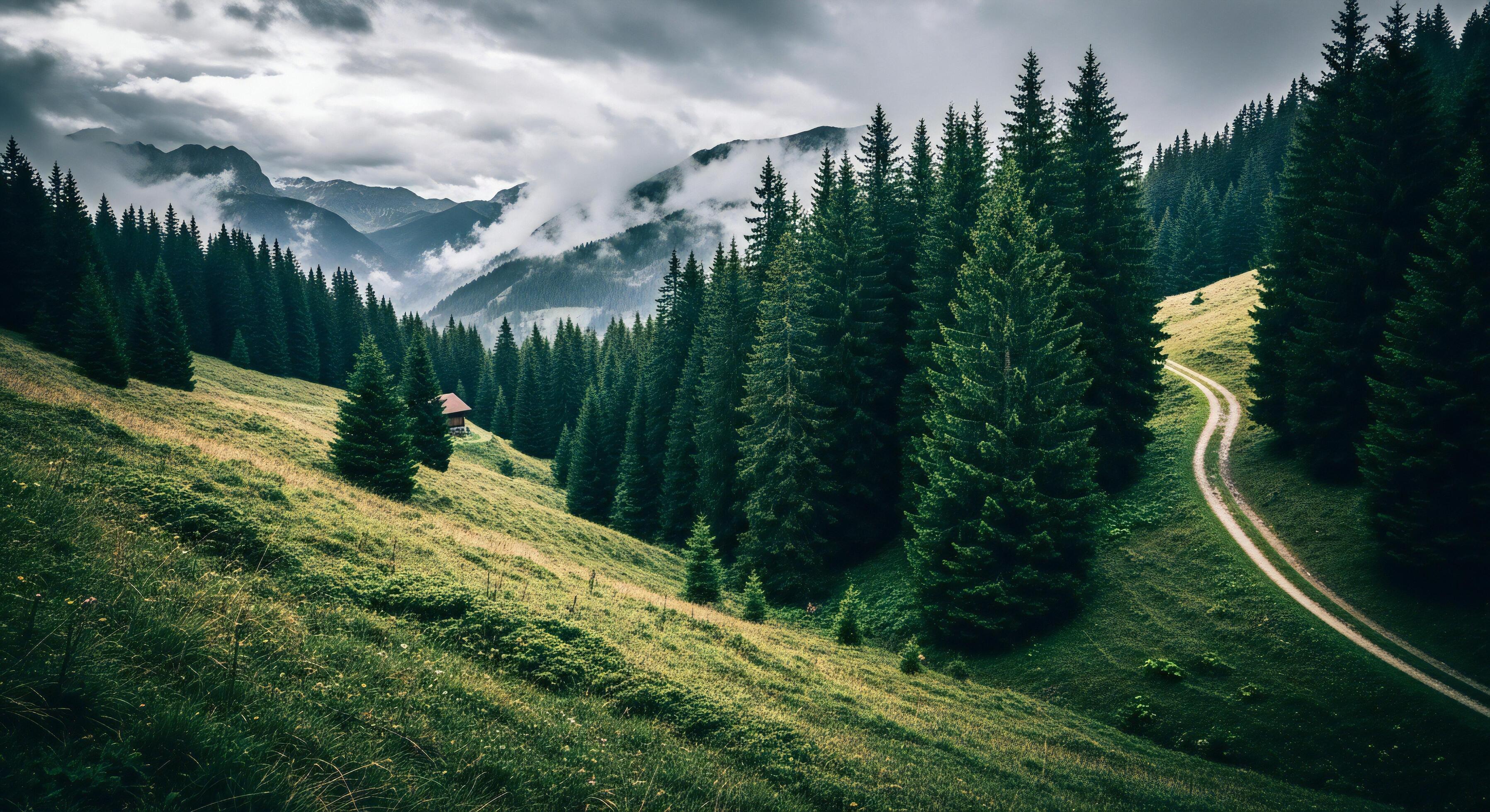 3593x1960 Nature background, Nature wallpaper, A dirt path winds through a lush green mountain valley filled with conifer trees under a dramatic cloudy sky