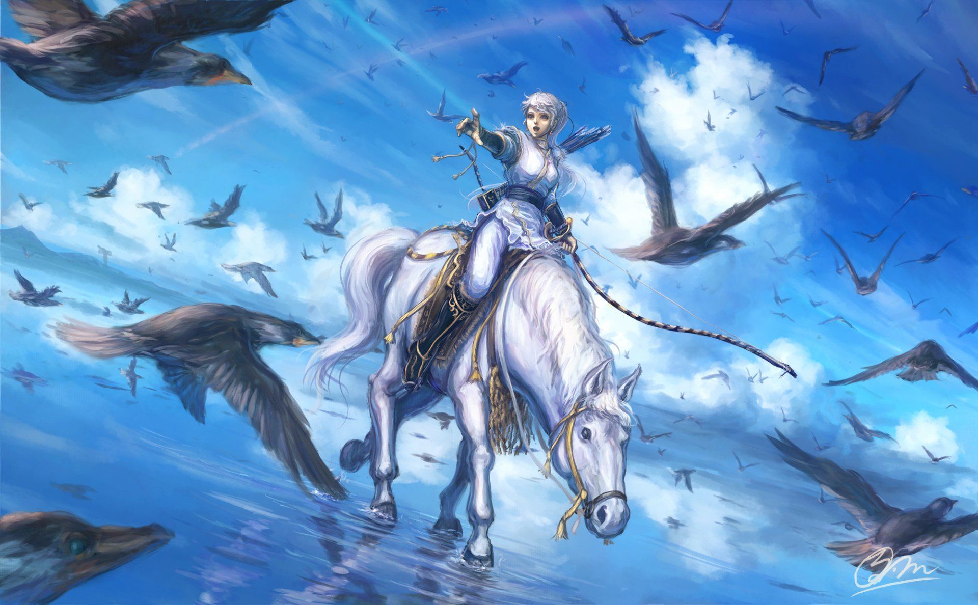 1920x1188 Fantasy Rider: Woman on White Horse Soaring Through Sky and Birds HD Wallpaper