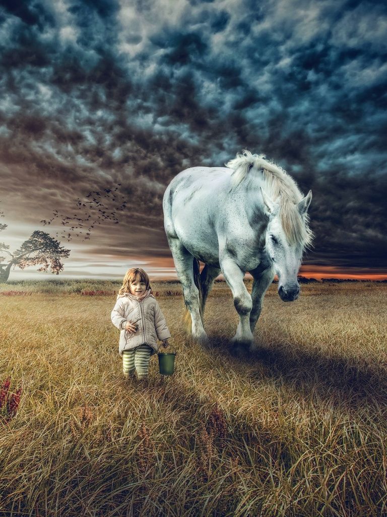 768x1024 Cute Girl Wallpaper 4K, Countryside, White horse, Sunset