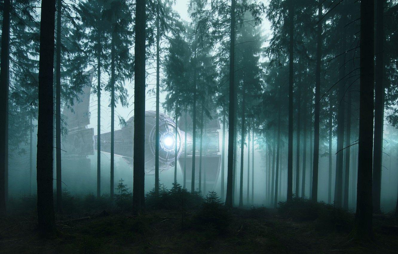 1332x850 Wallpaper forest, light, trees, night, fog, fiction, ship, UFO, morning, pine, twilight, spotlight, crown, spaceship, aliens, aircraft image for desktop, section фантастика