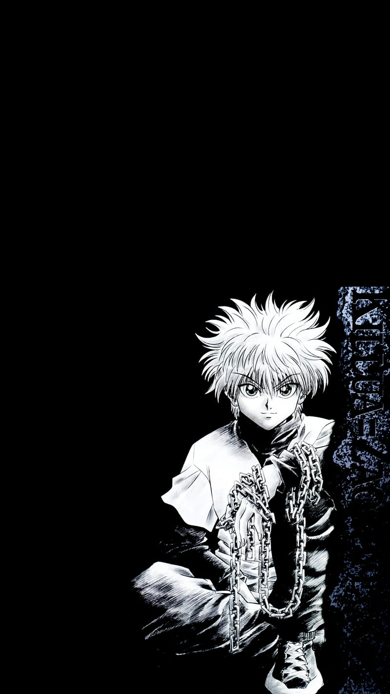 800x1422 4320x900px, 4K free download. Killua Zoldyck, black and white, blue, chains, hunter x hunter, HD phone wallpaper