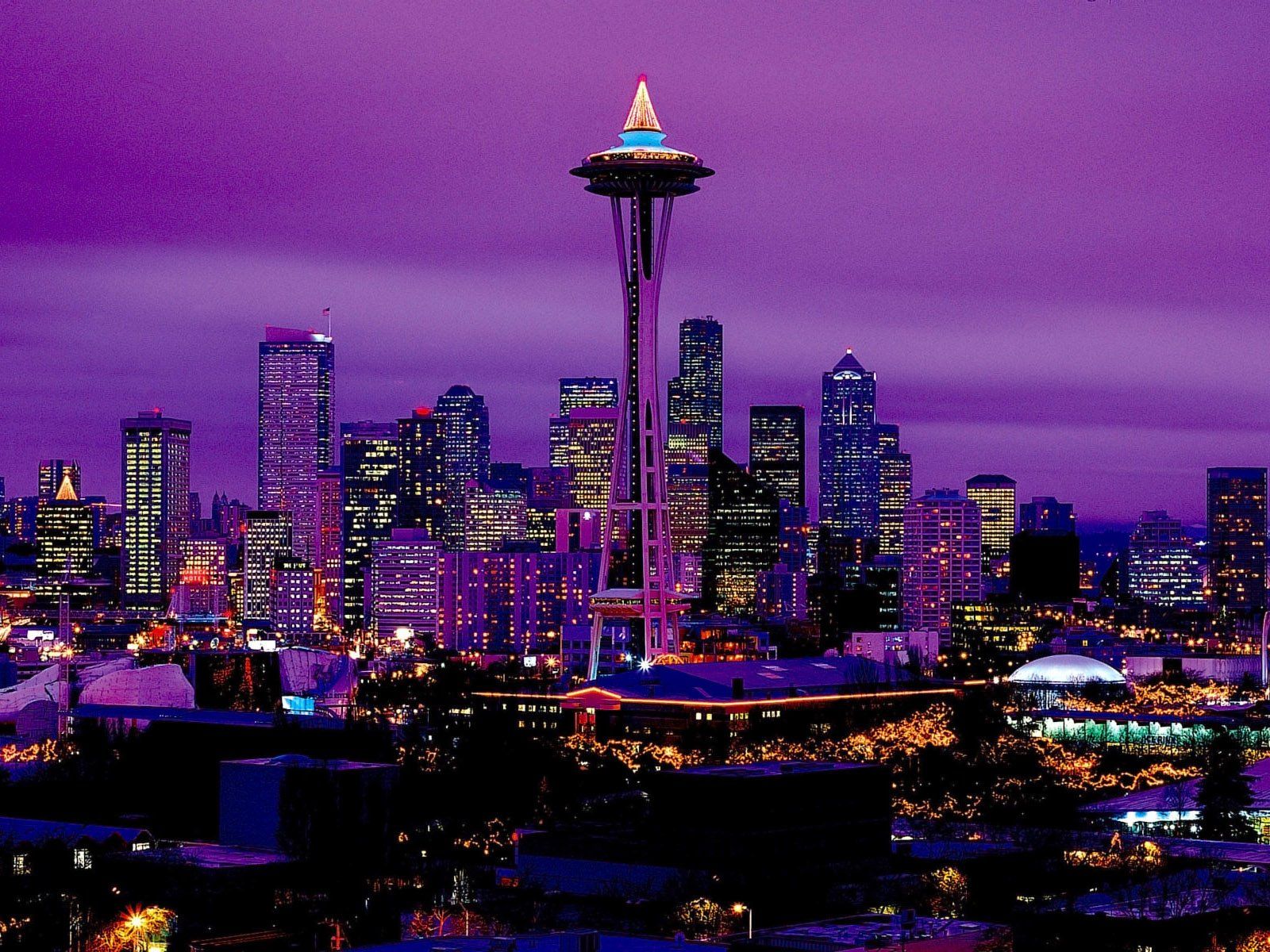 1600x1200 Seattle Skyline at Night: Purple Glow on the Space Needle and Skyscrapersx1200