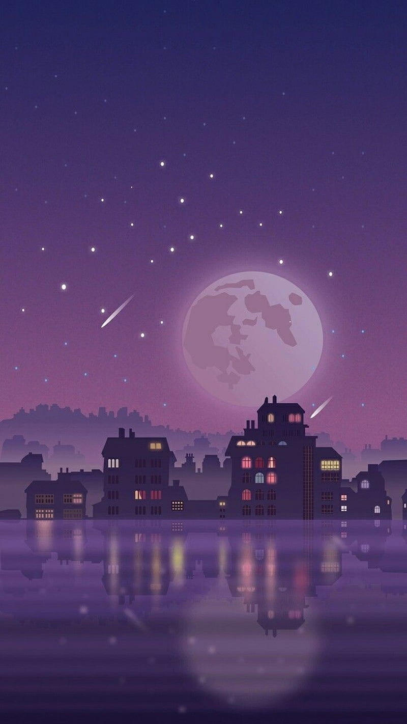 800x1422 Moon, night, stars, moon, purple, city, lightning, HD phone wallpaper