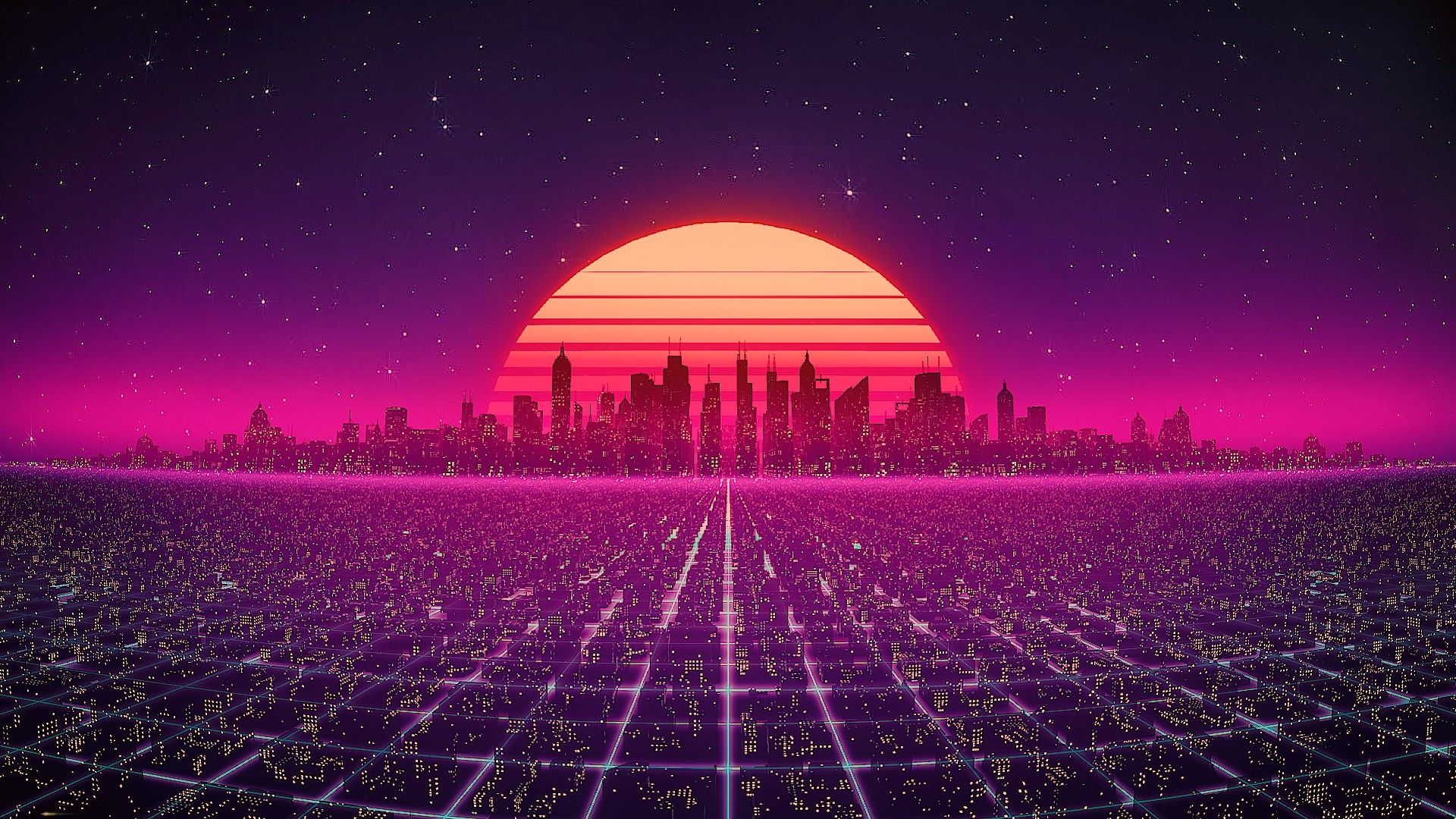 1920x1080 Landscape View Of City Buildings In Dark Purple Starry Sky Background HD Synthwave Wallpaper