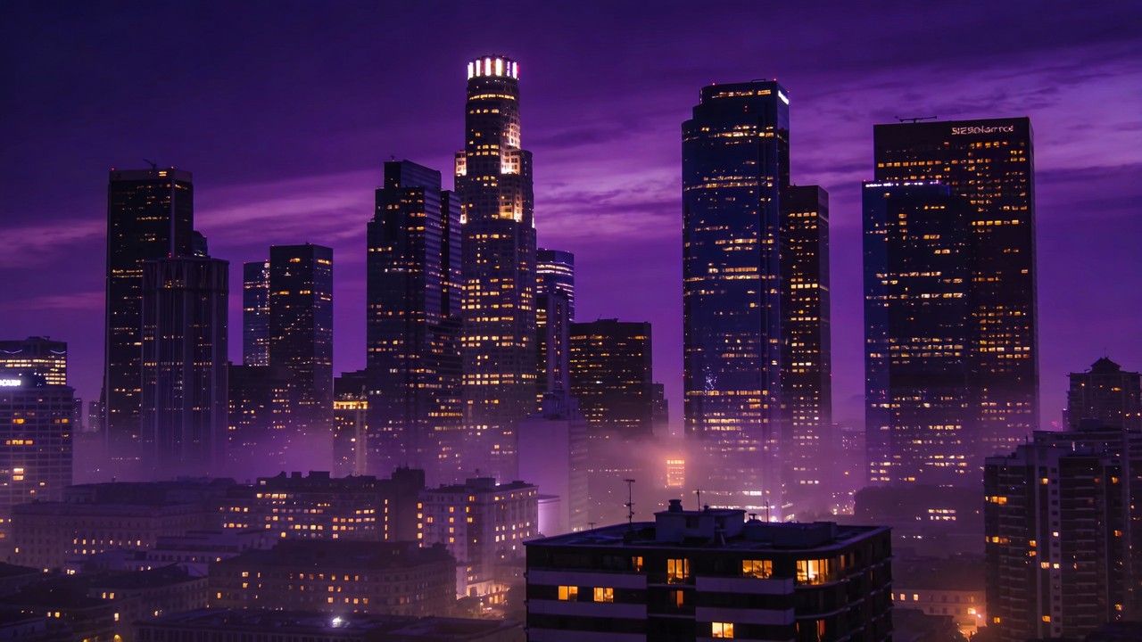 1280x720 Download Purple City Skyline Image, Cityscape, Skyscrapers