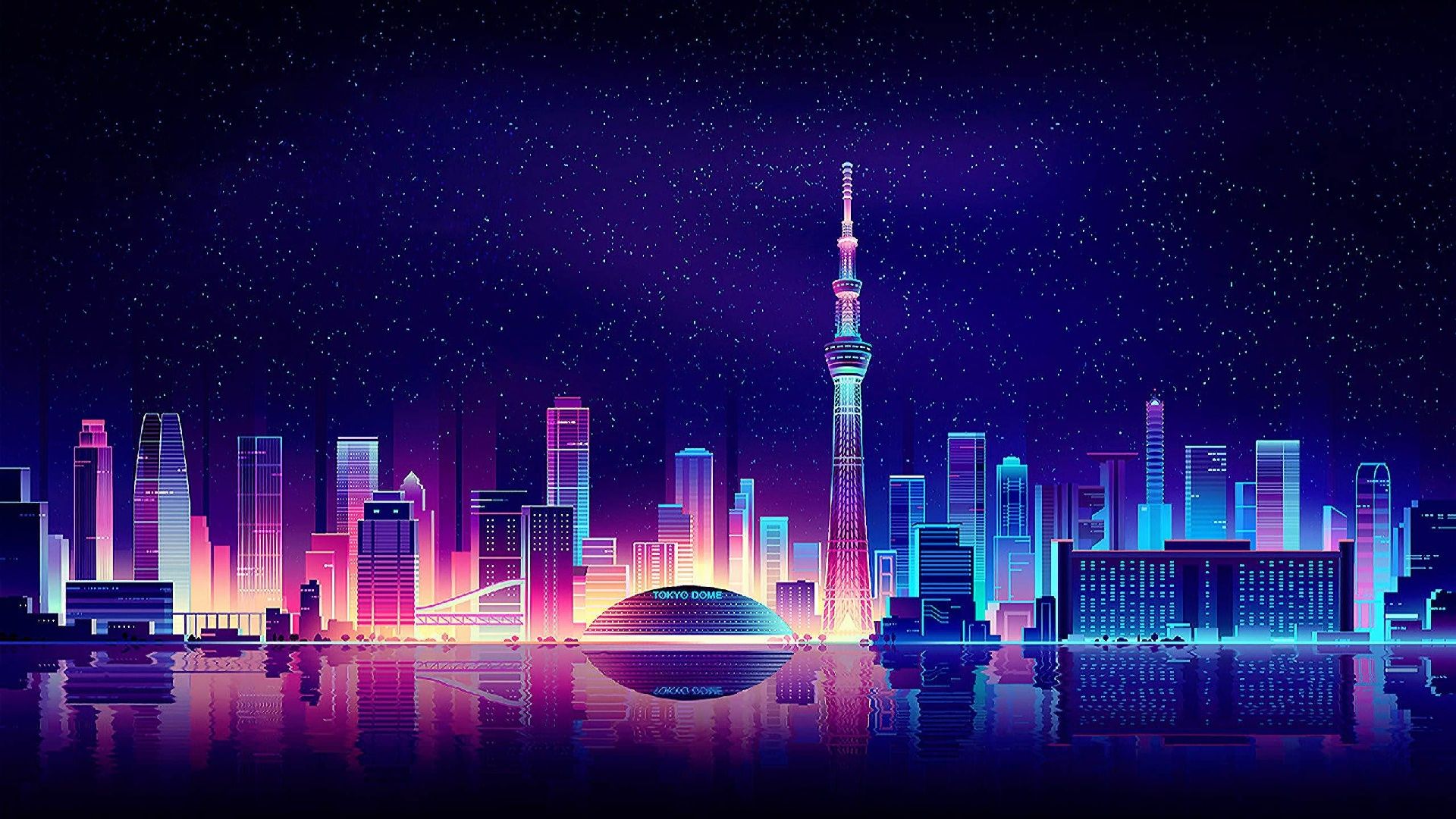 1920x1080 Starry night sky above a neon city