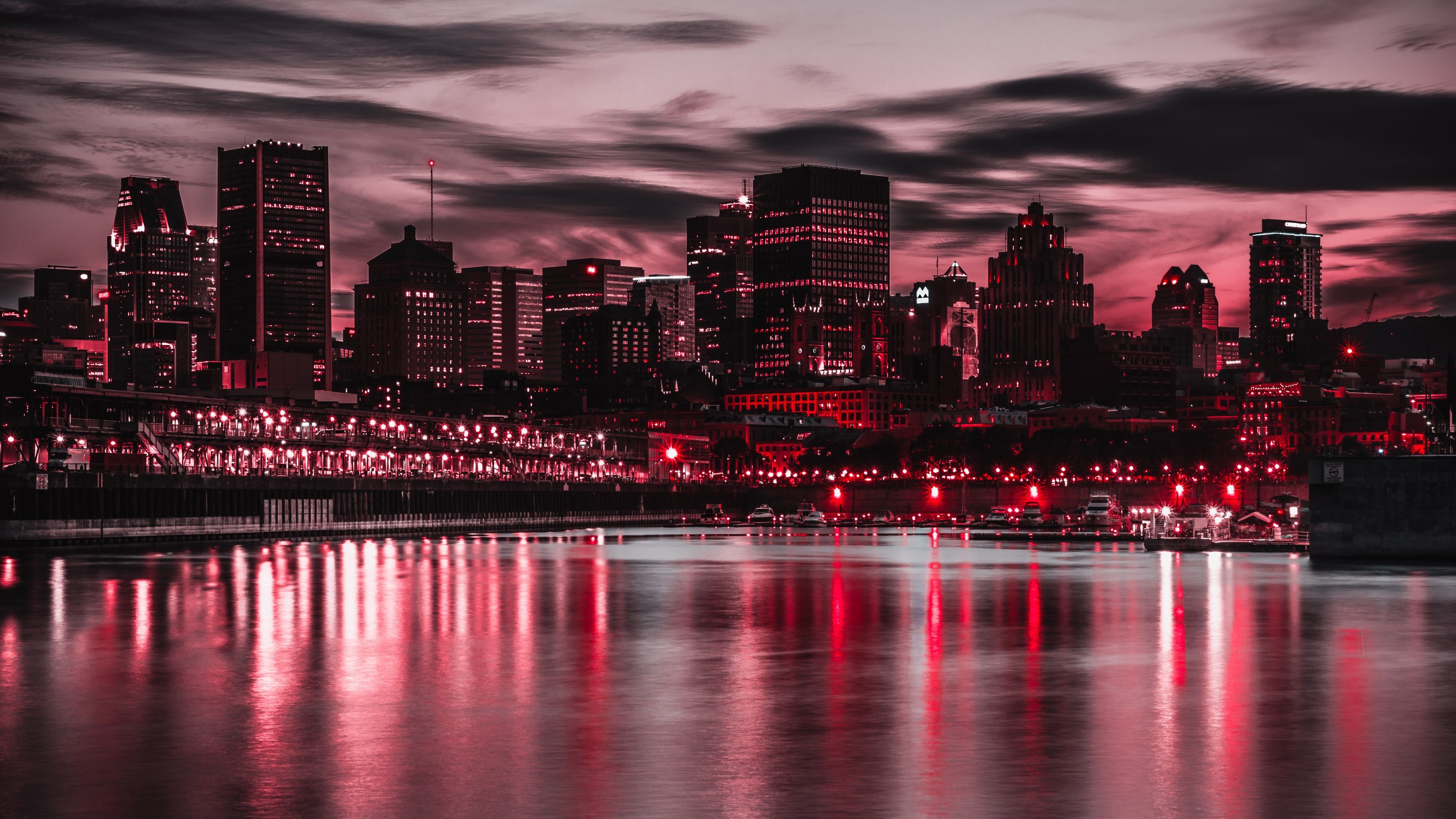 3840x2160 Wallpaper Night, city, buildings, lights, river, boats, purple style 3840x2160 UHD 4K Picture, Image