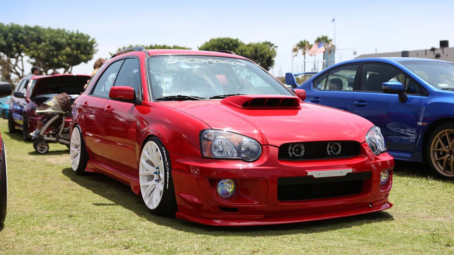 1920x1080 Red Subaru Impreza WRX in the parking lot Desktop wallpaper 1920x1080