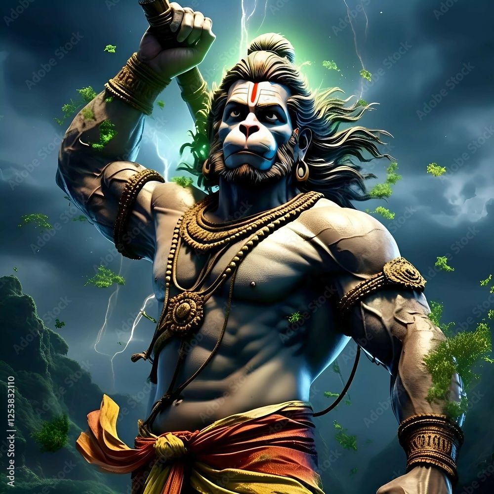 1000x1000 Lord Hanuman, Gada Weapon, Lightning Storm, Thunder Clouds, Jungle Background 4k HD high quality wallpaper