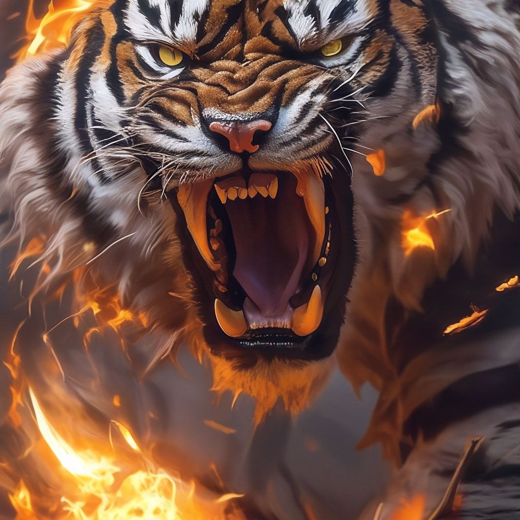 1024x1024 Sher Khan The first and main tiger. In full growth. fire, sparks of fire. A