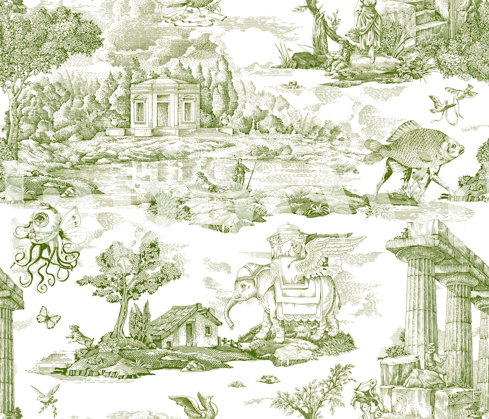 1600x1371 Retro Fantasy Toile Green Wallpaper