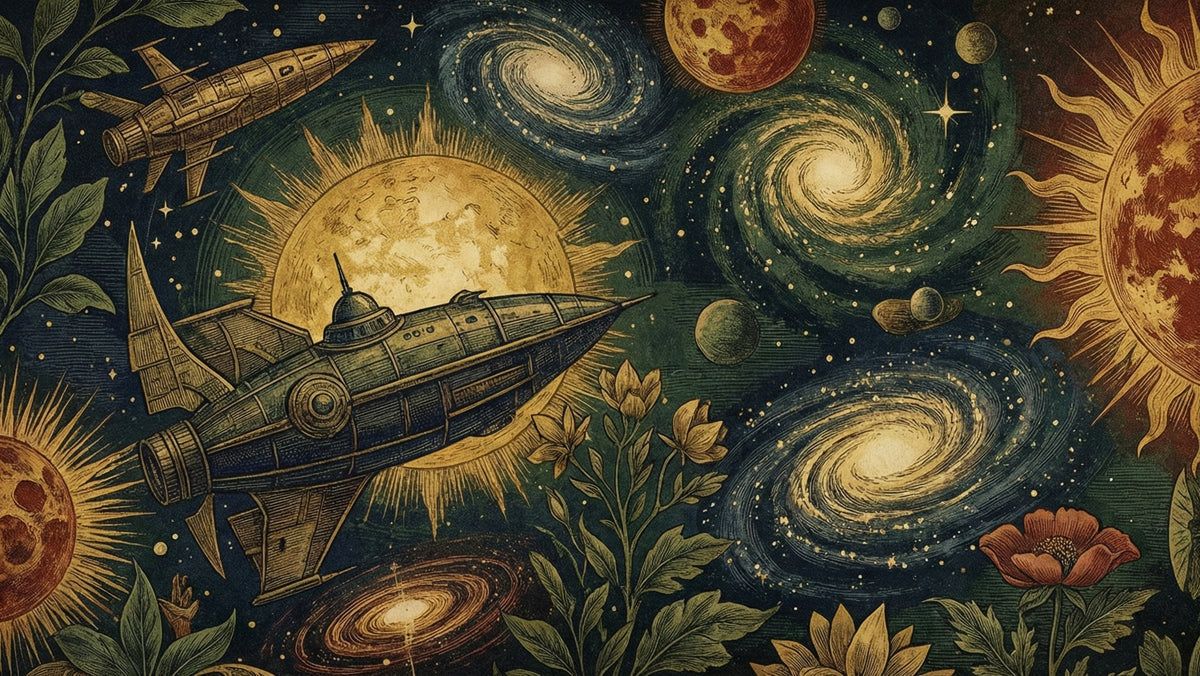 1200x676 Vintage Space Botanical Mural Wallpaper. Cosmic Retro Design