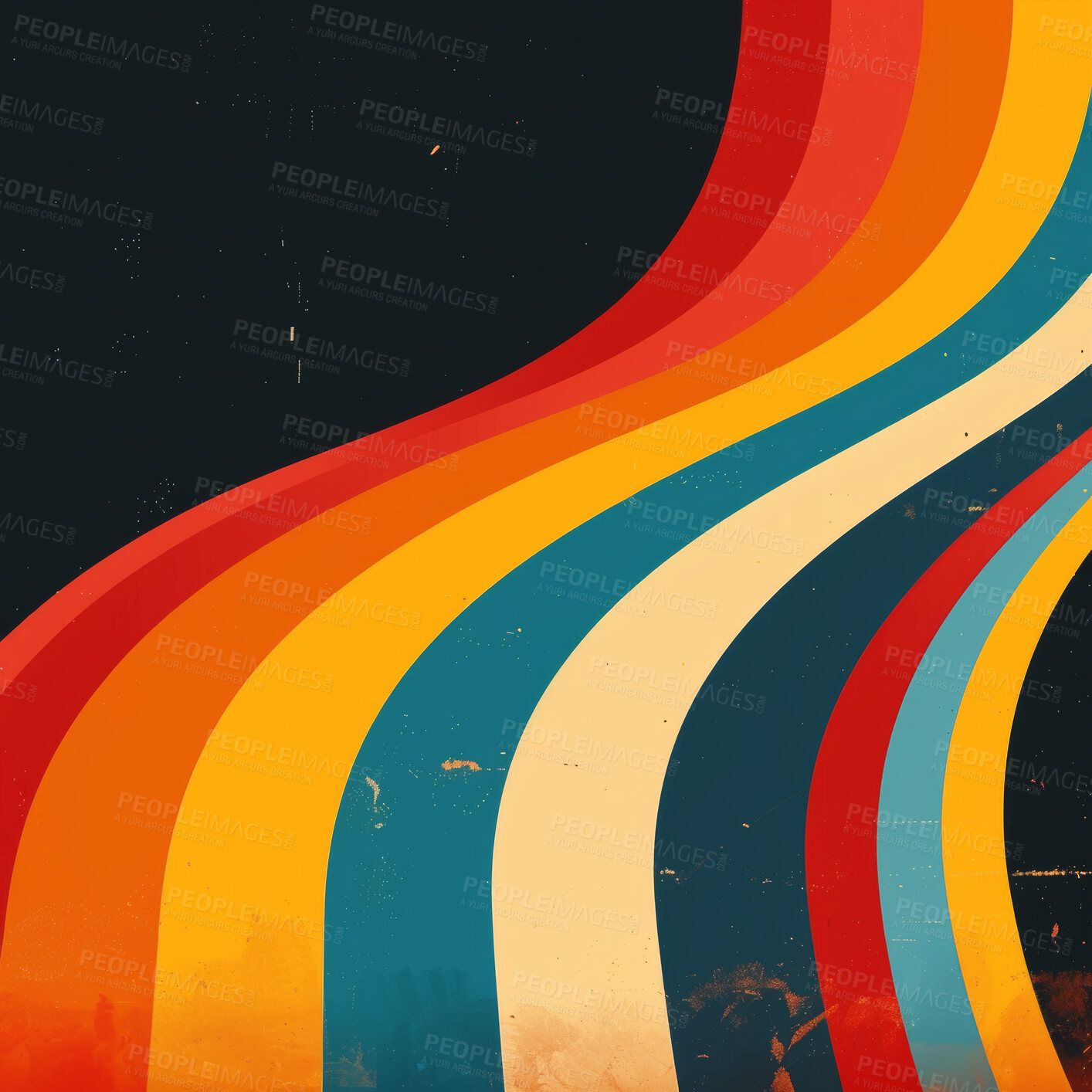 1414x1414 Retro curves, graphic and illustration for vintage poster or design. Background, artwork and banner with colour and grunge effects. Wallpaper, mockup and backdrop for creativity and trendy pop culture