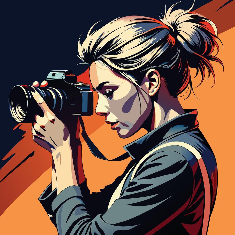 980x980 Stylish woman focusing camera taking picture with expressive illustrated design