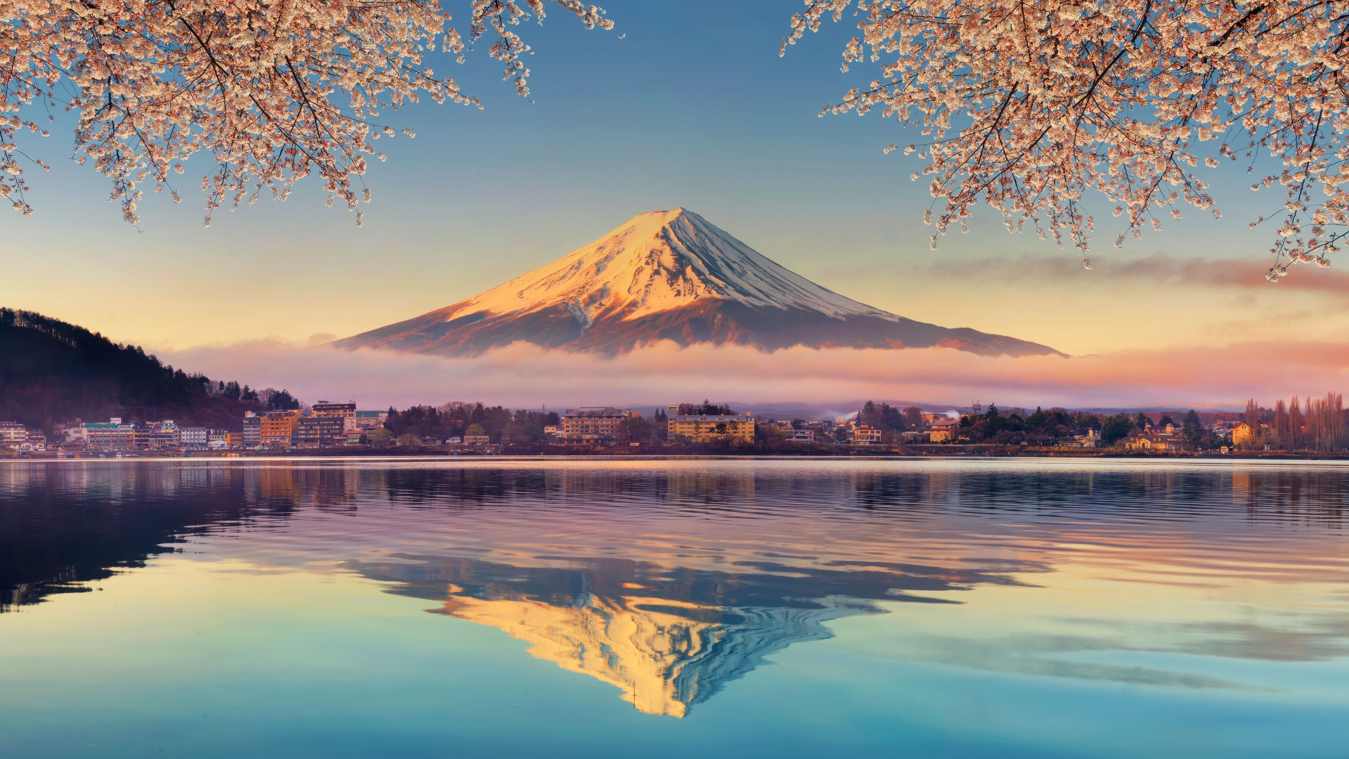 4480x2520 Lake Kawaguchi Wallpaper 4K, Mount Fuji, Cherry blossom