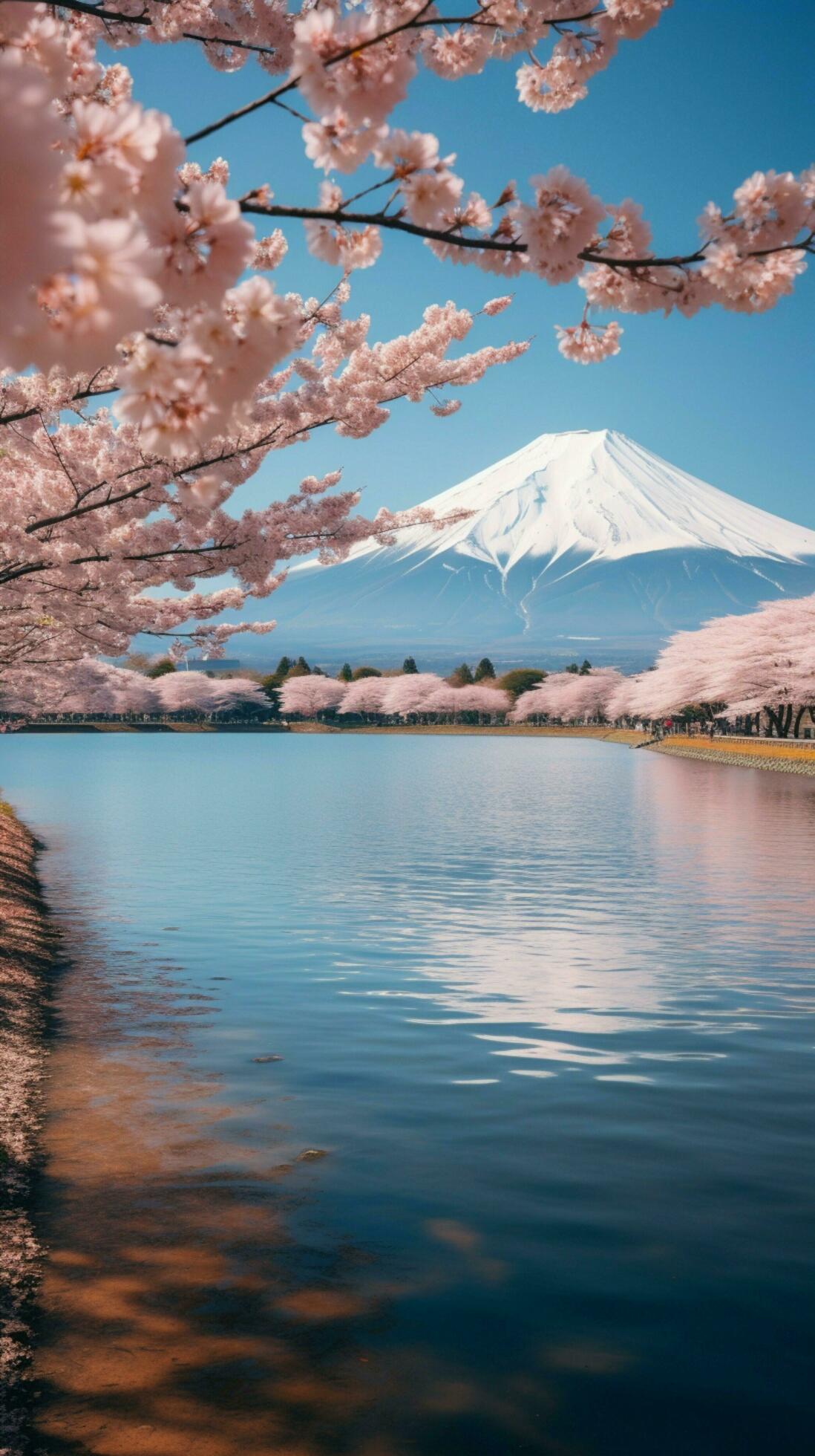 1098x1960 AI generated Natures beauty Mt Fuji and cherry blossoms at Kawaguchiko lake Vertical Mobile Wallpaper
