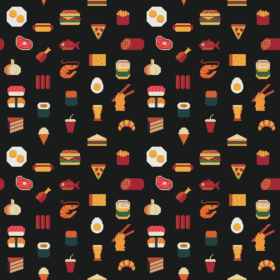 900x900 Food seamless pixel art pattern, fabric textures, isolated Fast food, seafood, meat, rolls and sushi. Drawing