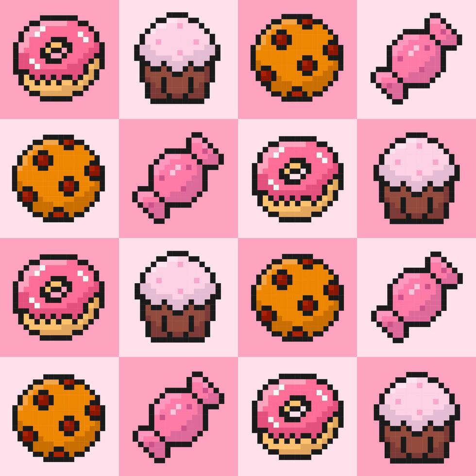 980x980 sweets seamless pattern, pixel donut, cupcake, cookie, candy, 8 bit, old arcade game style, sweet food background, wallpaper, vector illustration