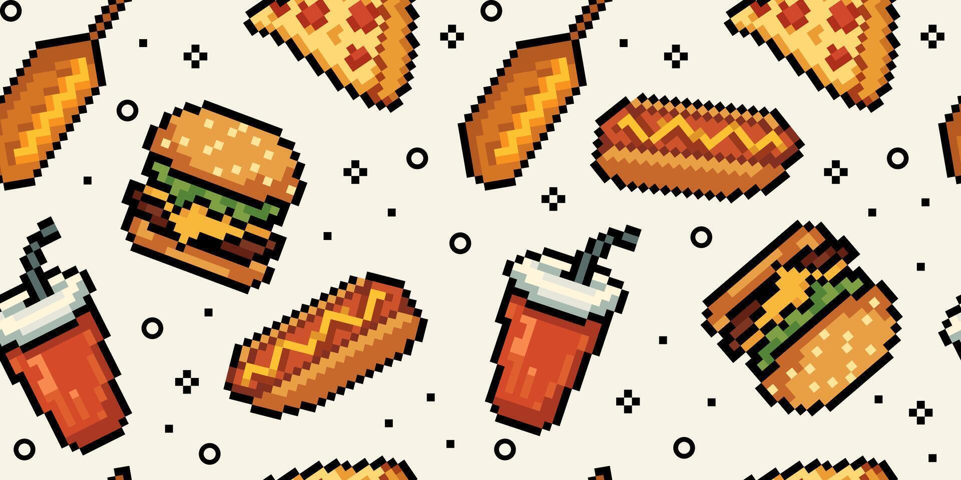 1920x960 Seamless fast food pattern pixel art style with icons burgers, hot dogs, pizza slices, corn dogs, and soda drinks, for game, digital background, app, textile prints, web design. illustration 73620857 Vector Art