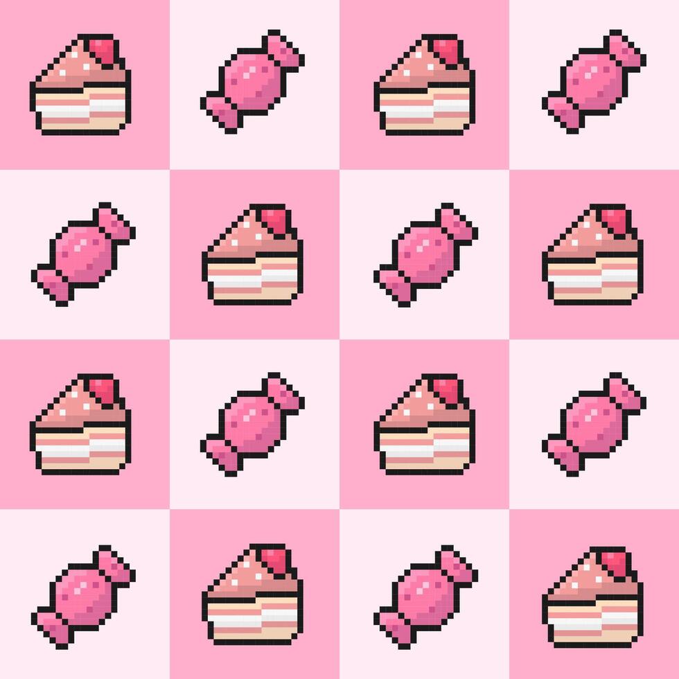980x980 sweet food seamless pattern, pixel art sweets, pink colors, candy, piece of cake with strawberry on top, background, wallpaper, vector illustration