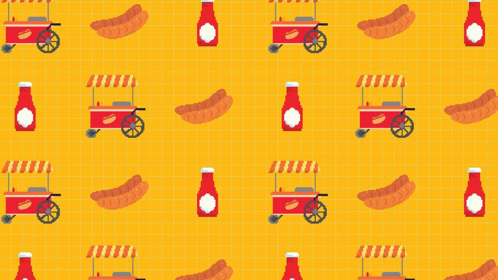 1742x980 A Pixel Art Background Featuring Hot Dog Carts, Ketchup Bottles, And Sausages On A Yellow Grid Background. Perfect For Food Related Designs, Restaurant Themes, Or Retro Style Digital Projects. 57310143 Vector Art At