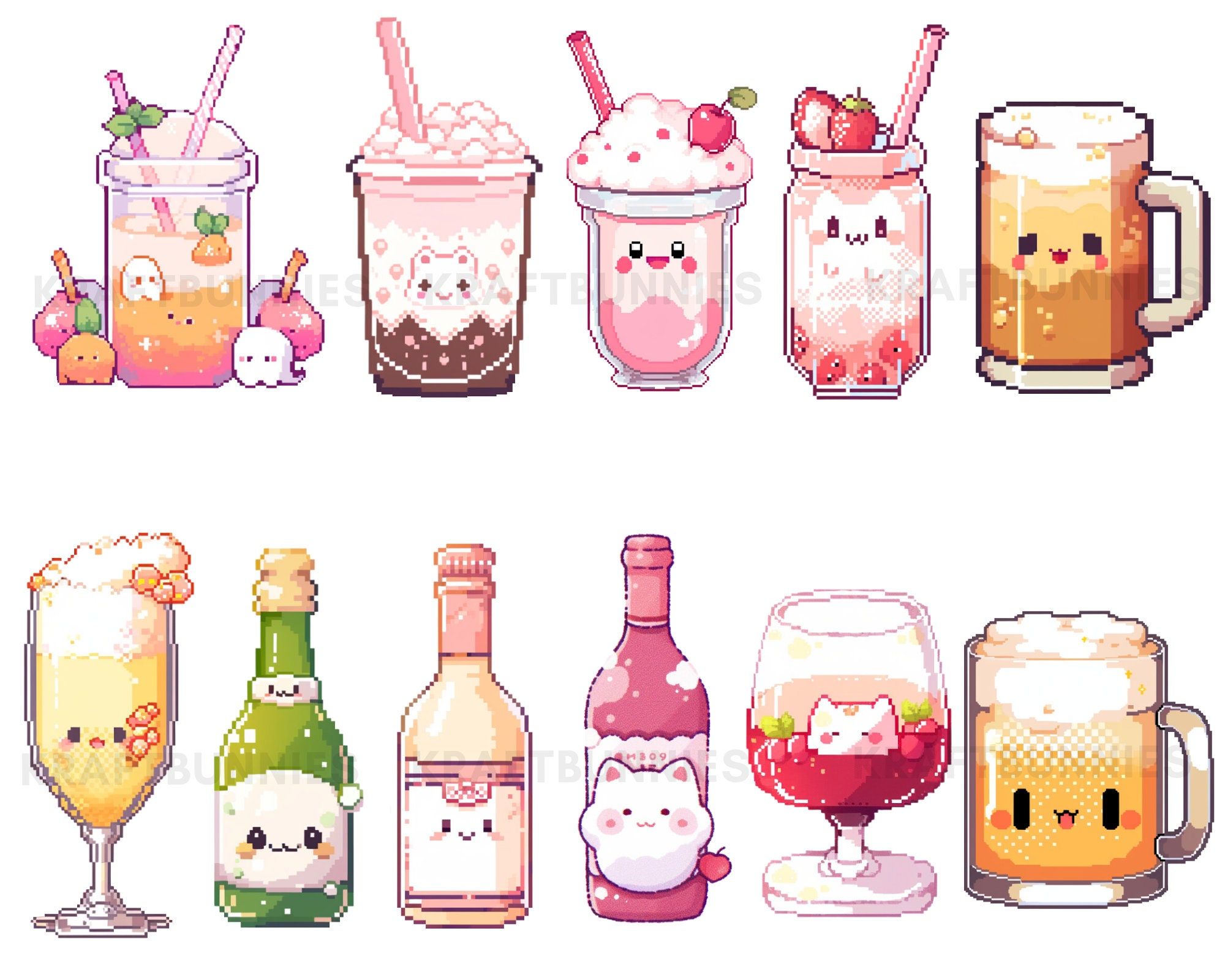 2000x1600 Kawaii Drinks Pixel Art Clipart, Pastel Watercolor Stickers (PNG Digital Download)