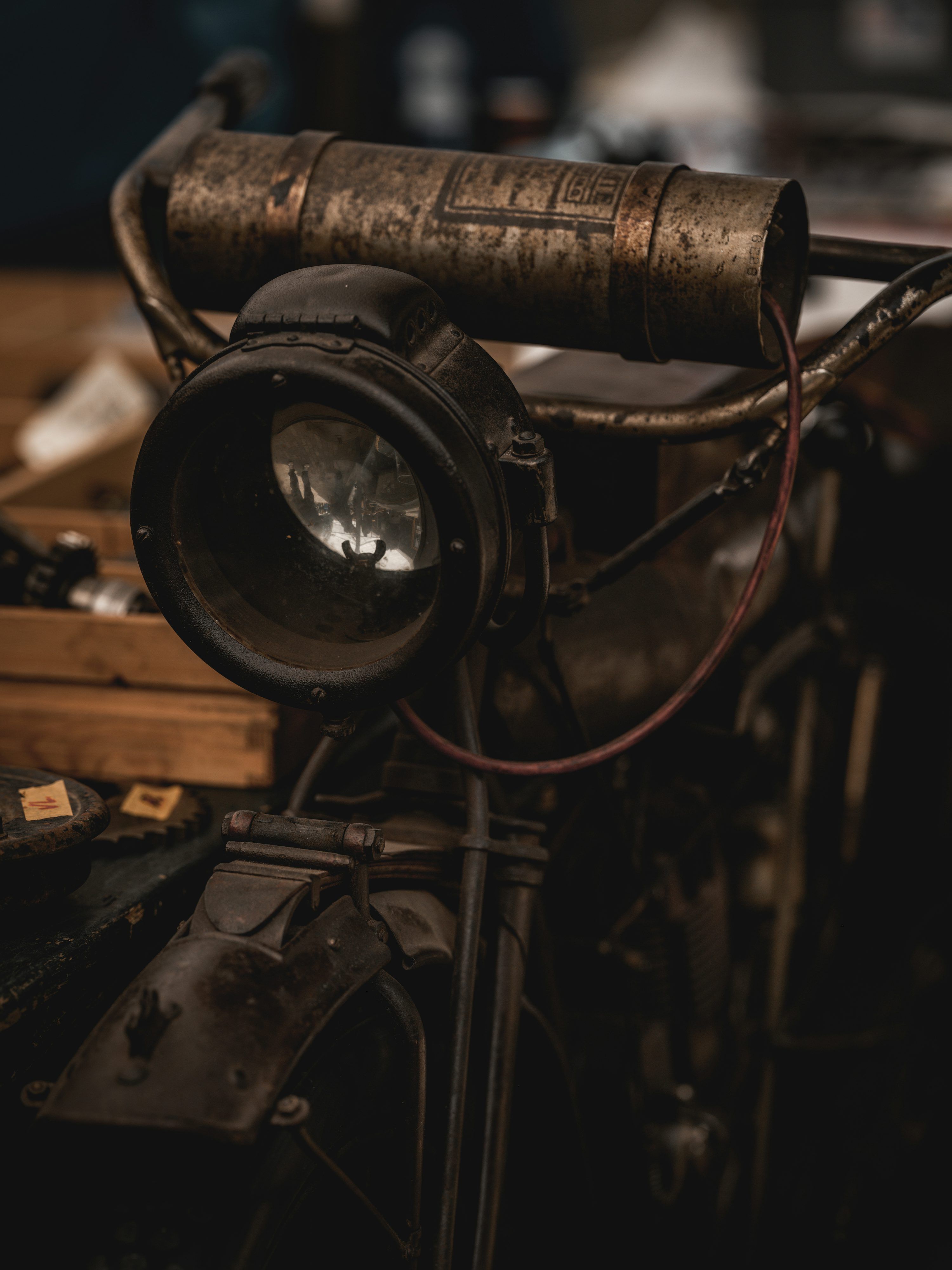 3000x4000 Weathered antique motorcycle headlight and handlebars