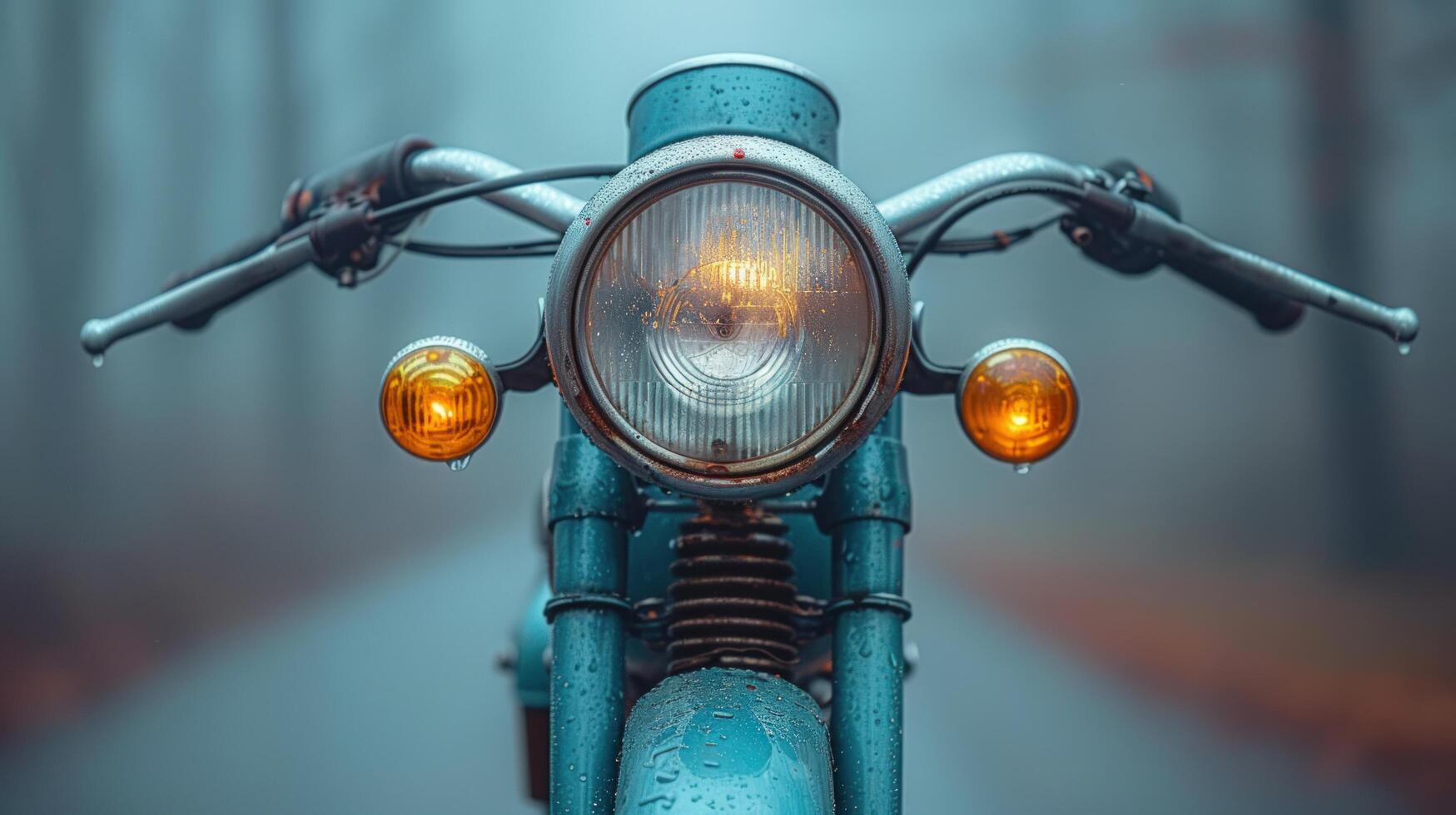 1749x980 Blue motorcycle on road in foggy landscape headlight view