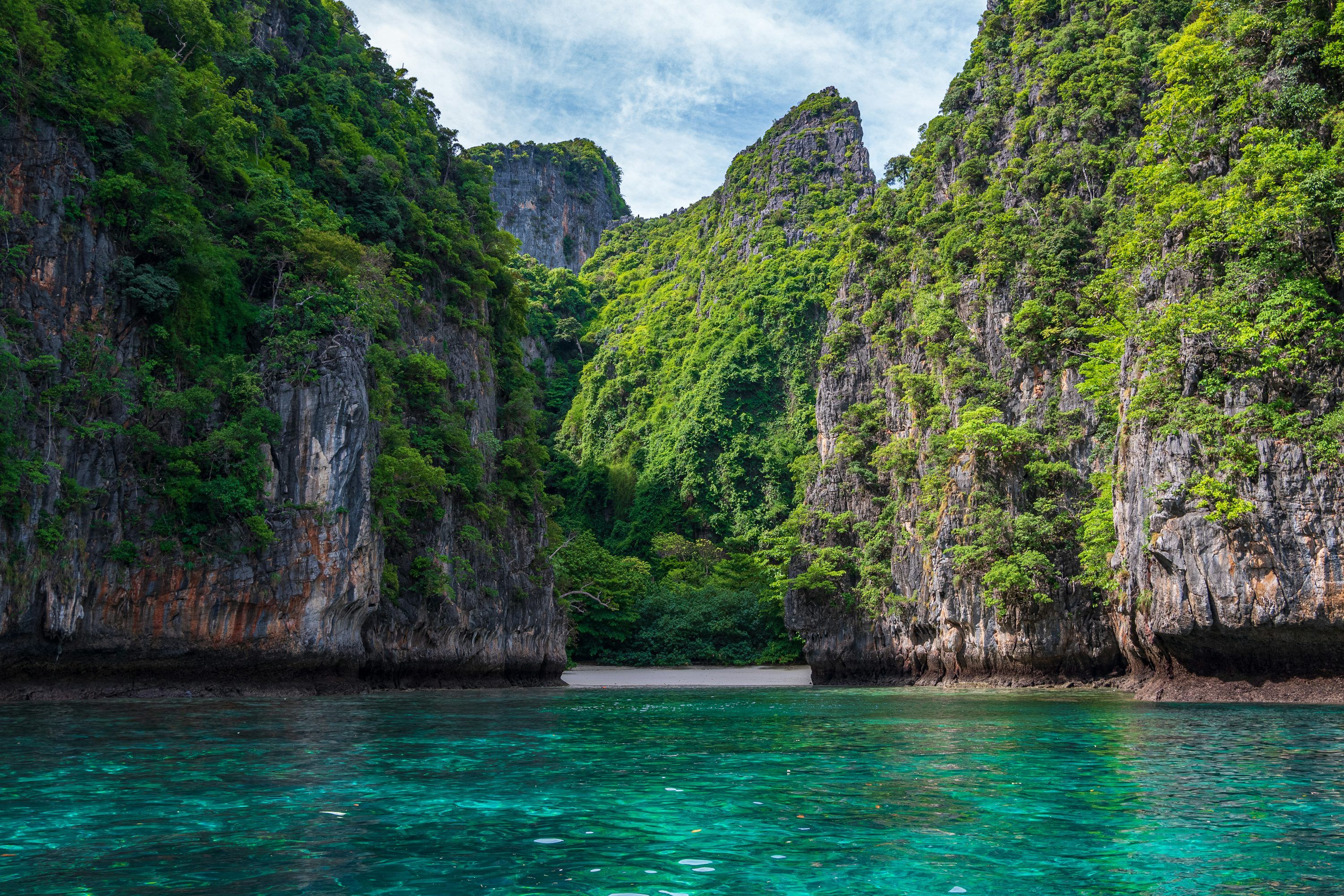 3000x2000 A body of water with trees and mountains in the background with Phi Phi Islands in the background