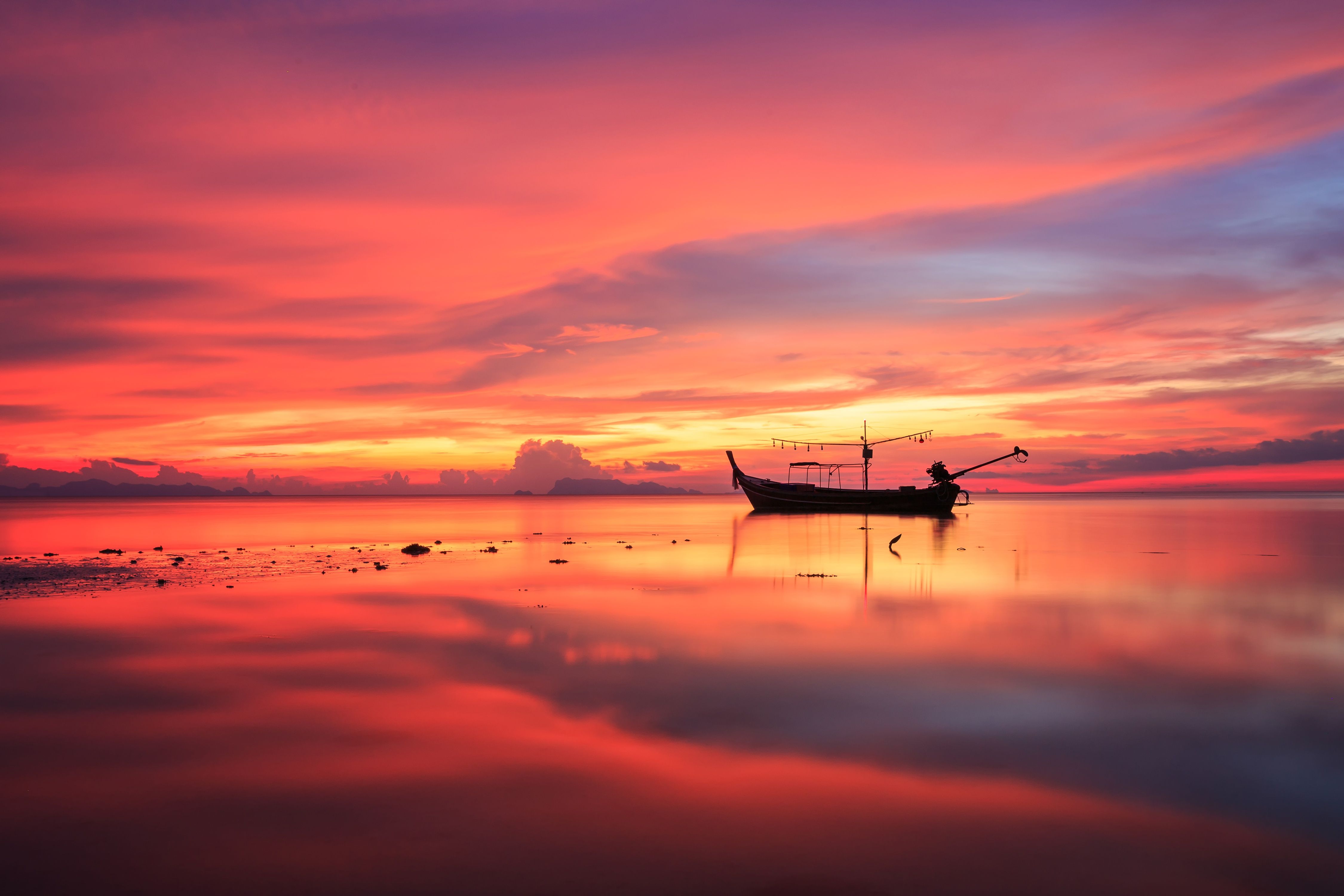 4500x3000 Sunset Serenity: 4K Ultra HD Fishing Boat Reflection on Tranquil Horizonx3000