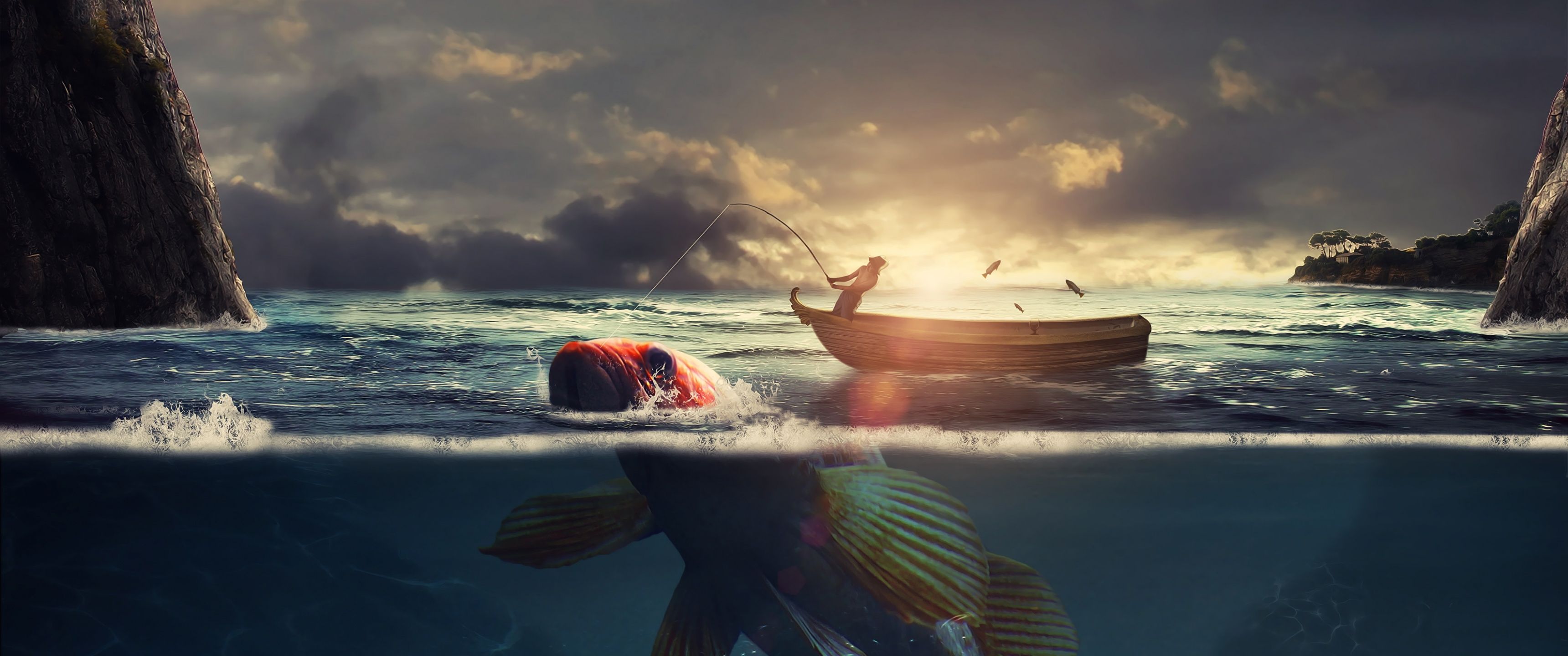 3440x1440 Surreal Wallpaper 4K, Fishing, Boat, Sea, Sunrise