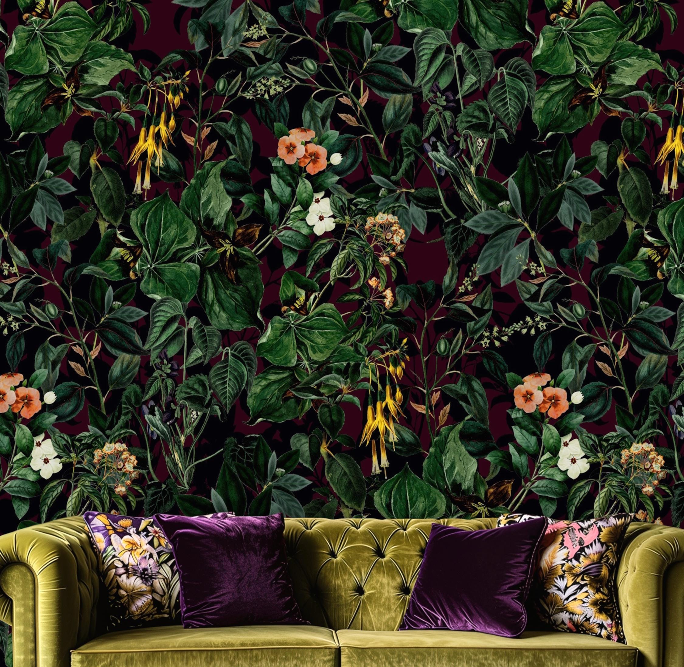 2249x2195 Dark Botanical Wallpaper, Poisonous Garden Floral, Peel and Stick Wallpaper, Moody Burgundy Green Wall Decor, Gothic Cottagecore Living Room