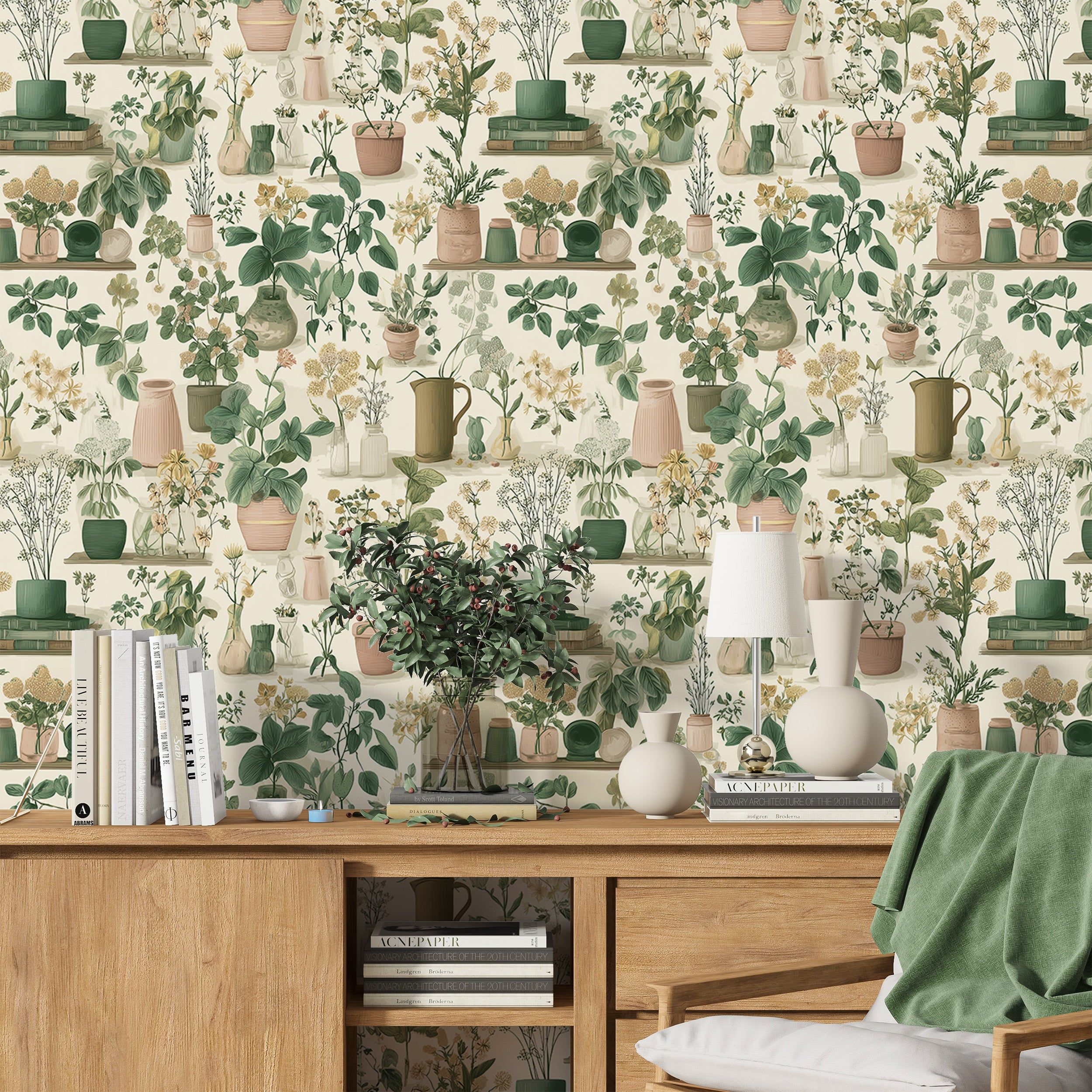 2500x2500 Botanical Cottagecore Wallpaper With Potted Plants And Wildflowers Peel & Stick PVC Free / 28W X 84H