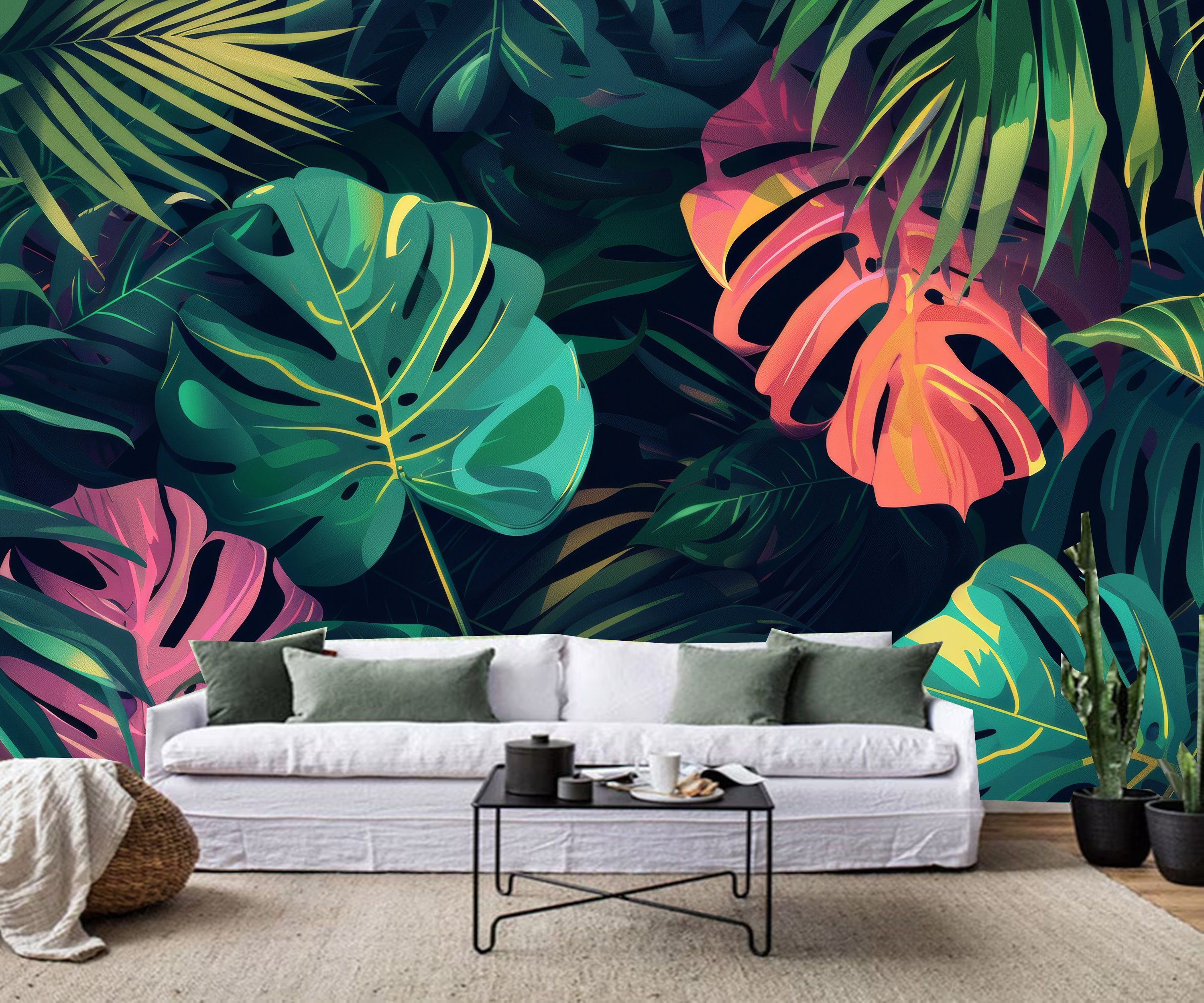 3000x2500 Colorful Palm Leaves Wallpaper: Tropical Green Plants Wall Mural