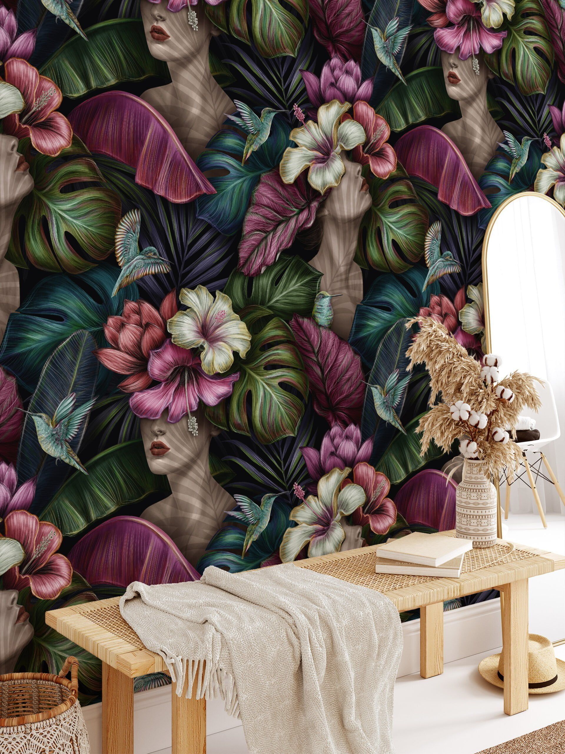 1920x2560 Whimsical Flower Covered Faces Wallpaper, Botanical Removable Wall Mural for Living Room or Bedroom