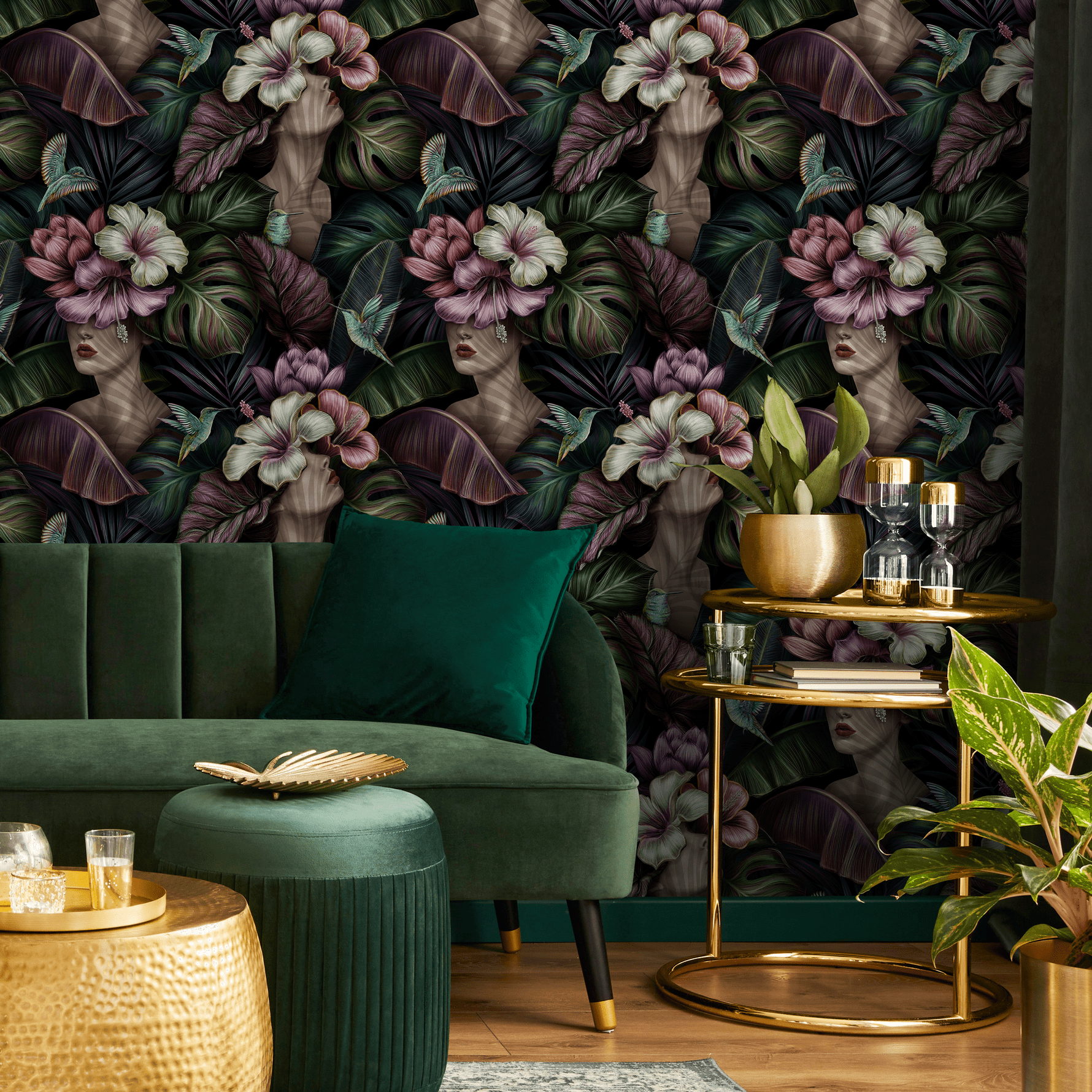1780x1780 Floral Wallpaper with Surreal Portraits and Tropical Blooms in Purple and Green roll: 24w x 76h / Smooth: Traditional