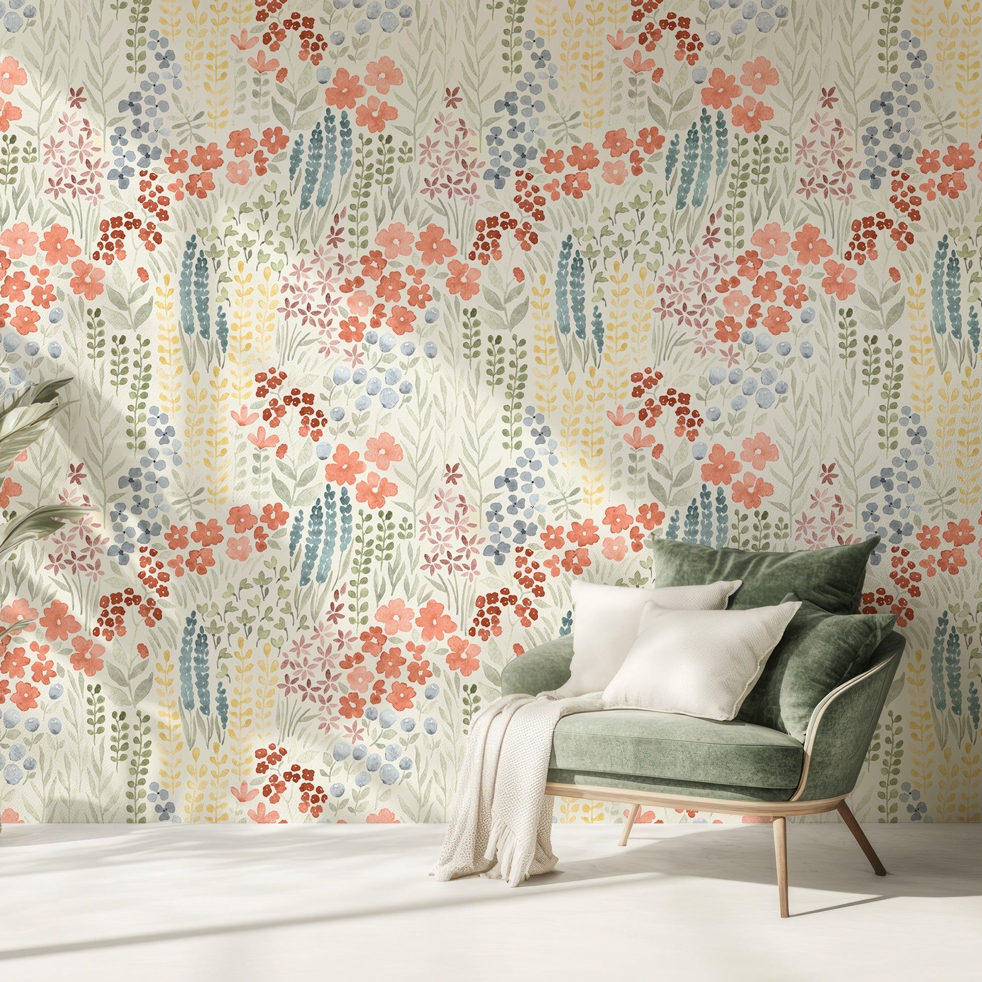 1946x1945 Custom Color Wallpaper Watercolor Wildflowers And Plants Paste The Wall Wallpaper (Traditional)