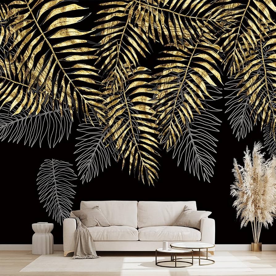 894x894 WXHFM and Gold Leaf Mural Bedroom Tropical Botanical Wallpaper Room Plant Decor Living Room tv Background Large wall Mural (Not Peel and Stick) : Tools & Home