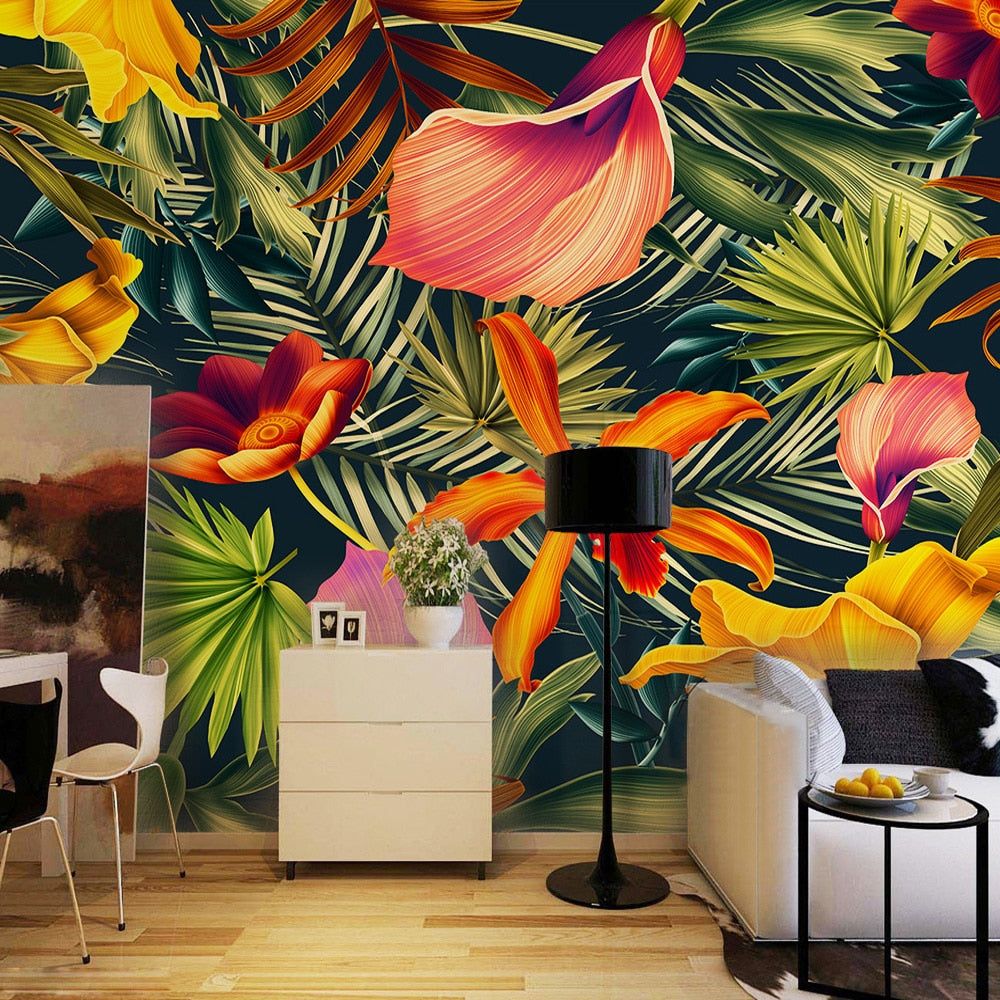 1000x1000 Custom Wallpaper Mural Tropical Rainforest Flowers Leaves (㎡)