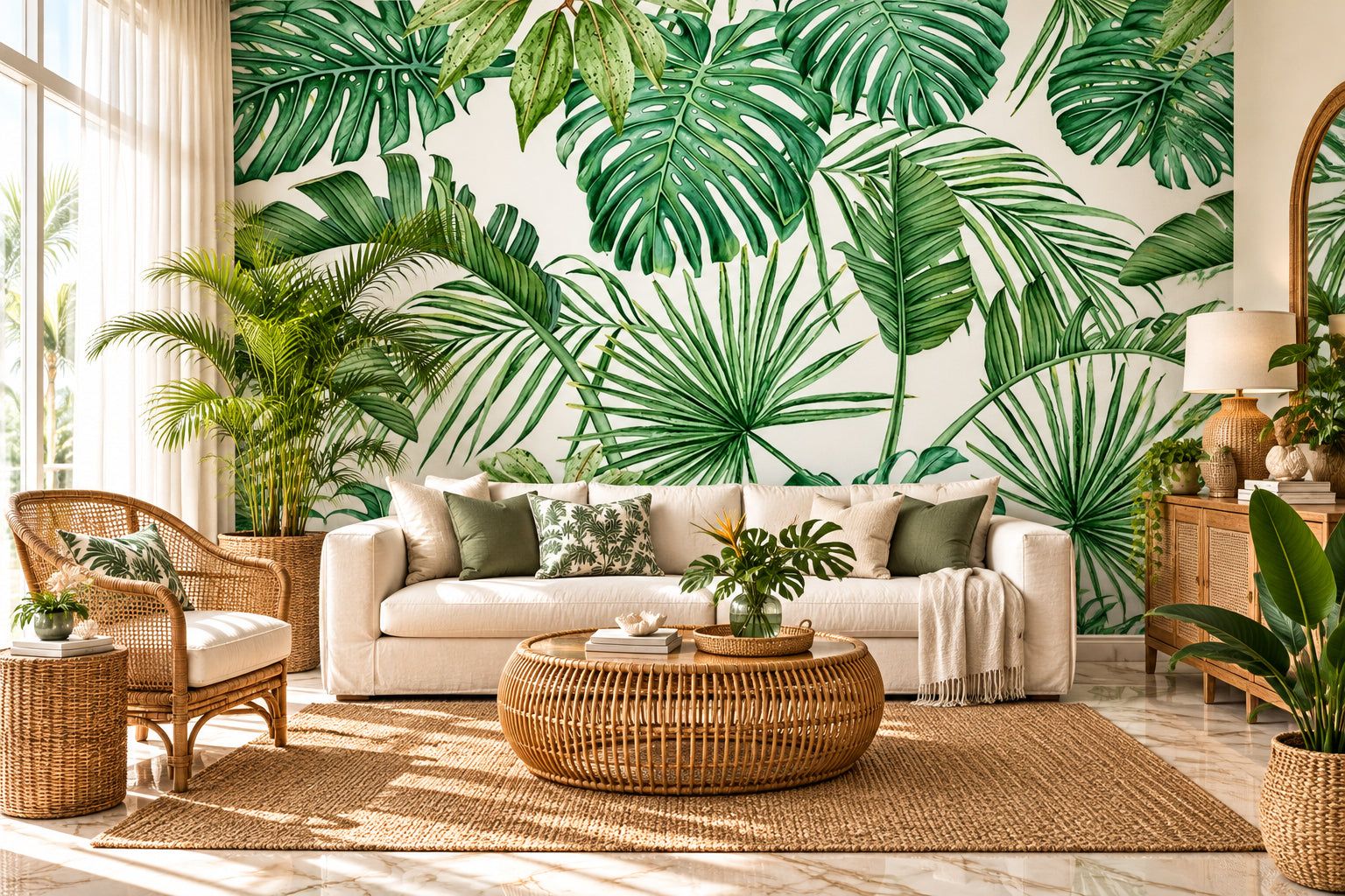 1536x1024 Tropical Plant Green Leaves Wallpaper Mural, Custom Sizes Available