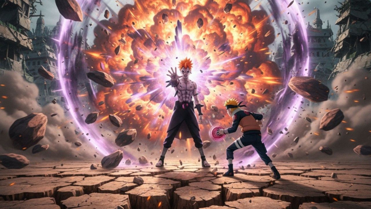 1280x720 Pain vs Naruto battle massive Shinra Tensei shockwave cracked earth orange and purple chakra explosion HD naruto Wallpaper