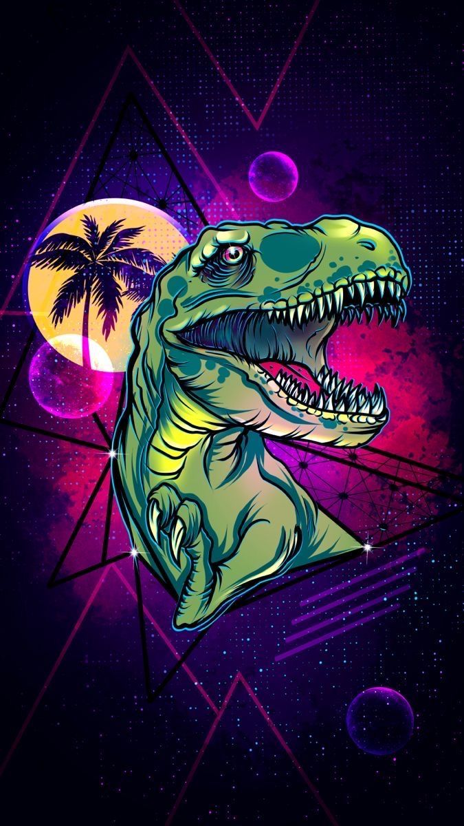 675x1200 Dinosaur T Shirt With Palm Trees. Neon Dinosaur Background, Neon Dinosaur Drawing, Dinosaur Neon Painting